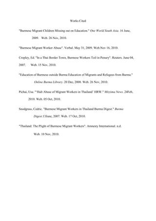 Works Cited


"Burmese Migrant Children Missing out on Education." One World South Asia. 16 June,

          2009. Web. 26 Nov, 2010.


"Burmese Migrant Worker Abuse". Verbal. May 31, 2009. Web.Nov 16, 2010.


Cropley, Ed. "In a Thai Border Town, Burmese Workers Toil in Penury". Reuters. June 04,

2007.    Web. 15 Nov, 2010.


"Education of Burmese outside Burma Education of Migrants and Refugees from Burma."

            Online Burma Library. 20 Dec, 2008. Web. 26 Nov, 2010.


Pichai, Usa. "„Halt Abuse of Migrant Workers in Thailand‟ HRW." Mizzima News. 24Feb,

        2010. Web. 05 Oct, 2010.


Snodgrass, Cedric. "Burmese Migrant Workers in Thailand Burma Digest." Burma

           Digest.13June, 2007. Web. 17 Oct, 2010.


"Thailand: The Plight of Burmese Migrant Workers". Amnesty International. n.d.

           Web. 10 Nov, 2010.
 
