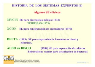 Sistemas expertos - 13
ESCUELA TÉCNICA SUPERIOR DE INGENIERÍA
DDDDEPARTAMENTO DEEPARTAMENTO DEEPARTAMENTO DEEPARTAMENTO DE OOOORGANIZACIÓNRGANIZACIÓNRGANIZACIÓNRGANIZACIÓN IIIINDUSTRIALNDUSTRIALNDUSTRIALNDUSTRIAL
HISTORIA DE LOS SISTEMAS EXPERTOS (6)
Algunos SE clásicos
MYCIN SE para diagnóstico médico (1972)
TEIRESIAS (1973)
XCON SE para configuración de ordenadores (1979)
DELTA (1983) SE para reparación de locomotoras diesel y
eléctricas.
ALDO en DISCO (1984) SE para reparación de calderas
hidrostáticas usadas para desinfección de bacterias
 
