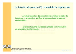 Sistemas expertos - 23
ESCUELA TÉCNICA SUPERIOR DE INGENIERÍA
DDDDEPARTAMENTO DEEPARTAMENTO DEEPARTAMENTO DEEPARTAMENTO DE OOOORGANIZACIÓNRGANIZACIÓNRGANIZACIÓNRGANIZACIÓN IIIINDUSTRIALNDUSTRIALNDUSTRIALNDUSTRIAL
La interfaz de usuario (3): el módulo de explicación
---- Ayuda al ingeniero de conocimiento a refinar el motor deAyuda al ingeniero de conocimiento a refinar el motor deAyuda al ingeniero de conocimiento a refinar el motor deAyuda al ingeniero de conocimiento a refinar el motor de
inferencia y al experto a verificar la coherencia de la base dinferencia y al experto a verificar la coherencia de la base dinferencia y al experto a verificar la coherencia de la base dinferencia y al experto a verificar la coherencia de la base deeee
conocimiento.conocimiento.conocimiento.conocimiento.
---- Explica al usuario el proceso aplicado en la resoluciExplica al usuario el proceso aplicado en la resoluciExplica al usuario el proceso aplicado en la resoluciExplica al usuario el proceso aplicado en la resolucióóóónnnn
de un problema determinado.de un problema determinado.de un problema determinado.de un problema determinado.
 