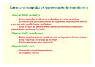 Sistemas expertos - 39
ESCUELA TÉCNICA SUPERIOR DE INGENIERÍA
DDDDEPARTAMENTO DEEPARTAMENTO DEEPARTAMENTO DEEPARTAMENTO DE OOOORGANIZACIÓNRGANIZACIÓNRGANIZACIÓNRGANIZACIÓN IIIINDUSTRIALNDUSTRIALNDUSTRIALNDUSTRIAL
---- RepresentaciRepresentaciRepresentaciRepresentacióóóón declarativan declarativan declarativan declarativa
---- Incluye las reglas, el cIncluye las reglas, el cIncluye las reglas, el cIncluye las reglas, el cáááálculo de predicados y las redes semlculo de predicados y las redes semlculo de predicados y las redes semlculo de predicados y las redes semáááánticas.nticas.nticas.nticas.
---- El conocimiento queda estructurado en fragmentos independientesEl conocimiento queda estructurado en fragmentos independientesEl conocimiento queda estructurado en fragmentos independientesEl conocimiento queda estructurado en fragmentos independientes entre sentre sentre sentre síííí
y que, por tanto, son fy que, por tanto, son fy que, por tanto, son fy que, por tanto, son fáááácilmente modificables.cilmente modificables.cilmente modificables.cilmente modificables.
---- Estos mEstos mEstos mEstos móóóódulos de conocimiento se combinandulos de conocimiento se combinandulos de conocimiento se combinandulos de conocimiento se combinan mediante un mecanismomediante un mecanismomediante un mecanismomediante un mecanismo
general de razonamiento y deduccigeneral de razonamiento y deduccigeneral de razonamiento y deduccigeneral de razonamiento y deduccióóóón.n.n.n.
---- RepresentaciRepresentaciRepresentaciRepresentacióóóónnnn procedimentalprocedimentalprocedimentalprocedimental
---- Refleja explRefleja explRefleja explRefleja explíííícitamente las relaciones entre los fragmentos de conocimiento.citamente las relaciones entre los fragmentos de conocimiento.citamente las relaciones entre los fragmentos de conocimiento.citamente las relaciones entre los fragmentos de conocimiento.
---- Estas relaciones son difEstas relaciones son difEstas relaciones son difEstas relaciones son difííííciles de modificar.ciles de modificar.ciles de modificar.ciles de modificar.
---- Facilitan el uso delFacilitan el uso delFacilitan el uso delFacilitan el uso del metaconocimientometaconocimientometaconocimientometaconocimiento
---- RepresentaciRepresentaciRepresentaciRepresentacióóóón mixtan mixtan mixtan mixta
---- Una combinaciUna combinaciUna combinaciUna combinacióóóón de las precedentes.n de las precedentes.n de las precedentes.n de las precedentes.
---- Usa objetos y marcos.Usa objetos y marcos.Usa objetos y marcos.Usa objetos y marcos.
Estructuras complejas de representación del conocimiento
 
