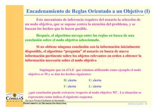 Sistemas expertos - 46
ESCUELA TÉCNICA SUPERIOR DE INGENIERÍA
DDDDEPARTAMENTO DEEPARTAMENTO DEEPARTAMENTO DEEPARTAMENTO DE OOOORGANIZACIÓNRGANIZACIÓNRGANIZACIÓNRGANIZACIÓN IIIINDUSTRIALNDUSTRIALNDUSTRIALNDUSTRIAL
Encadenamiento de Reglas Orientado a un Objetivo (I)
Este mecanismo de inferencia requiere del usuario la selección de
un nodo objetivo, que se supone centra la atención del problema, y se
buscan los hechos que lo hacen posible.
Después, el algoritmo navega entre las reglas en busca de una
conclusión sobre el nodo objetivo seleccionado.
Si no obtiene ninguna conclusión con la información inicialmente
disponible, el algoritmo “pregunta” al usuario en busca de nueva
información pertinente sobre los objetos relevantes en orden a obtener la
información necesaria sobre el nodo objetivo
Supóngase que en el S.E que estamos utilizando como ejemplo el nodo
objetivo es M y se dan los hechos siguientes:
D: cierto E: cierto
F: cierto L: cierto
¿qué conclusión puede extraerse respecto al nodo objetivo M? . La situación se
representa como indica el siguiente esquema.
 
