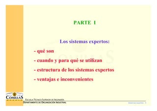 Sistemas expertos - 5
ESCUELA TÉCNICA SUPERIOR DE INGENIERÍA
DDDDEPARTAMENTO DEEPARTAMENTO DEEPARTAMENTO DEEPARTAMENTO DE OOOORGANIZACIÓNRGANIZACIÓNRGANIZACIÓNRGANIZACIÓN IIIINDUSTRIALNDUSTRIALNDUSTRIALNDUSTRIAL
PARTE I
Los sistemas expertos:
- qué son
- cuando y para qué se utilizan
- estructura de los sistemas expertos
- ventajas e inconvenientes
 