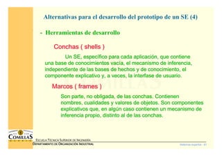 Sistemas expertos - 81
ESCUELA TÉCNICA SUPERIOR DE INGENIERÍA
DDDDEPARTAMENTO DEEPARTAMENTO DEEPARTAMENTO DEEPARTAMENTO DE OOOORGANIZACIÓNRGANIZACIÓNRGANIZACIÓNRGANIZACIÓN IIIINDUSTRIALNDUSTRIALNDUSTRIALNDUSTRIAL
- Herramientas de desarrollo
Alternativas para el desarrollo del prototipo de un SE (4)
Conchas (Conchas (Conchas (Conchas ( shellsshellsshellsshells ))))
Un SE, especUn SE, especUn SE, especUn SE, especíííífico para cada aplicacifico para cada aplicacifico para cada aplicacifico para cada aplicacióóóón, que contienen, que contienen, que contienen, que contiene
una base de conocimientos vacuna base de conocimientos vacuna base de conocimientos vacuna base de conocimientos vacíííía, el mecanismo de inferencia,a, el mecanismo de inferencia,a, el mecanismo de inferencia,a, el mecanismo de inferencia,
independiente de las bases de hechos y de conocimiento, elindependiente de las bases de hechos y de conocimiento, elindependiente de las bases de hechos y de conocimiento, elindependiente de las bases de hechos y de conocimiento, el
componente explicativo y, a veces, la interfase de usuario.componente explicativo y, a veces, la interfase de usuario.componente explicativo y, a veces, la interfase de usuario.componente explicativo y, a veces, la interfase de usuario.
Marcos (Marcos (Marcos (Marcos ( framesframesframesframes ))))
Son parte, no obligada, de las conchas. ContienenSon parte, no obligada, de las conchas. ContienenSon parte, no obligada, de las conchas. ContienenSon parte, no obligada, de las conchas. Contienen
nombres, cualidades y valores de objetos. Son componentesnombres, cualidades y valores de objetos. Son componentesnombres, cualidades y valores de objetos. Son componentesnombres, cualidades y valores de objetos. Son componentes
explicativos que, en algexplicativos que, en algexplicativos que, en algexplicativos que, en algúúúún caso contienen un mecanismo den caso contienen un mecanismo den caso contienen un mecanismo den caso contienen un mecanismo de
inferencia propio, distinto al de las conchas.inferencia propio, distinto al de las conchas.inferencia propio, distinto al de las conchas.inferencia propio, distinto al de las conchas.
 