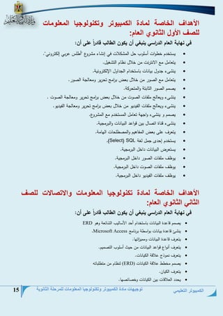 الكمبيوتر التعليمي 
توجيهات مادة الكمبيوتر وتكنولوجيا المعلومات للمرحلة الثانوية 15 
الأهداف الخاصة لمادة الكمبيوتر وتكنولوجيا المعلومات 
للصف الأول الثانوي العام: 
في نهاية العام الد ا رسي ينبمي أن يكون الطالب قاد ا رً على أن: 
 يستخيم خطواع أسلوس تل الح لاع في إن لء ح روو "أطلم عربي إل تروني". 
 يتعلحل حت الانترنع حن خلال نظلم الت غيل. 
 ين ىء جيول بيلنلع بلستخيام الجياول الإل ترونية. 
 يتعلحل حت النور حن خلال بع ب ا رحج تترير وحعللجة النور. 
 ينحم النور الالبتة والحتتر ة. 
 ين ىء ويعللج حلفلع النوع حن خلال بع ب ا رحج تترير وحعللجة النوع . 
 ين ىء ويعللج حلفلع الفيييو حن خلال بع ب ا رحج تترير وحعللجة الفيييو. 
 ينحم و ين ىء واجمة تعلحل الحستخيم حت الح روو. 
 ين ىء دنلة اتنلل بين دواعي البيلنلع والبرحجية. 
 يتعرف على بع الحفلهيم والحنطلتلع الملحة. 
 يستخيم إتي جحل لغة SQL (Select) . 
 يستعر البيلنلع ياخل البرحجية. 
 يوظف حلفلع النور ياخل البرحجية. 
 يوظف حلفلع النوع ياخل البرحجية. 
 يوظف حلفلع الفيييو ياخل البرحجية. 
الأهداف الخاصة لمادة تكنولوجيا المعلومات والتصالت للصف 
الثاني الثانوي العام: 
في نهاية العام الد ا رسي ينبمي أن يكون الطالب قاد ا رً على أن: 
 ينحم دلعية البيلنلع بلستخيام أتي ا سلليس ال لئعة وهو ERD 
 ين ئ دلعية بيلنلع بواسطة برنلحج Microsoft Access . 
 يتعرف دلعية البيلنلع وححي ا زتمل. 
 يتعرف أنواو دواعي البيلنلع حن تيث أسلوس التنحيم. 
 يتعرف نحوذ علادة ال يلنلع. 
 ينحم حخطط علادة ال يلنلع (ERD) لنظلم حن حتطلبلتو 
 يتعرف ال يلن. 
 يتيي العلادلع بين ال يلنلع وخنلئنمل. 
 