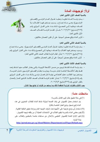 الكمبيوتر التعليمي 
توجيهات مادة الكمبيوتر وتكنولوجيا المعلومات للمرحلة الثانوية 7 
أولا: توجيهات المادة 
بالنسبة للصف الأول الثانوي العام: 
- يةةةةةةةةةتم ي ا رسةةةةةةةةةة الحةةةةةةةةةلية نظريةةةةةةةةةل وعحليةةةةةةةةةل طةةةةةةةةةوال العةةةةةةةةةلم الي ا رسةةةةةةةةةي )الفنةةةةةةةةةلين 
الي ا رسةةةةةةةةيين(، وهةةةةةةةةةى حةةةةةةةةلية نجةةةةةةةةلل و رسةةةةةةةةوس يحةةةةةةةةتتن فيمةةةةةةةةل الطةةةةةةةةلاس، ولا 
تُضةةةةةةةلف يرجلتمةةةةةةةل إلةةةةةةةى الحجحةةةةةةةوو، ذلةةةةةةةج بنةةةةةةةلء علةةةةةةةى القةةةةةةة ا رر الةةةةةةةو ا زرح ردةةةةةةةم 
4104 ب ةةةةةةةةةلن "نظةةةةةةةةةلم الي ا رسةةةةةةةةةة لطةةةةةةةةةلاس النةةةةةةةةةف /6/ 472 ( بتةةةةةةةةةلري 47 ( 
ا ول الالنوح العلم". 
- تُيَرَّم الحلية بوادت تنتين أسبوعي لً، على أن ت ون التنتلن حتتلليتين. 
بالنسبة للصف الثاني الثانوي العام: 
- يةةةةةةتم ي ا رسةةةةةةة الحةةةةةةلية نظريةةةةةةل وعحليةةةةةةل طةةةةةةوال العةةةةةةلم الي ا رسةةةةةةي )الفنةةةةةةلين الي ا رسةةةةةةيين(، وهةةةةةةى حةةةةةةلية نجةةةةةةةلل 
ورسةةةةوس ويحةةةةتتن فيمةةةةل الطةةةةلاس ولا تضةةةةلف يرجلتمةةةةل إلةةةةى الحجحةةةةوو وذلةةةةج بنةةةةلء علةةةةى القةةةة ا رر الةةةةو ا زرح ردةةةةم 
4104 ب لن "نظلم الي ا رسة لطلاس النف الالني الالنوح العلم". /6/ 472 ( بتلري 47 ( 
- تُيَرَّم الحلية بوادت تنتين أسبوعيلً، على أن ت ون التنتلن حتتلليتين. 
بالنسبة للصف الثالث الثانوي العام: 
- يةةةةتم ي ا رسةةةةة الحةةةةلية ن ةةةةلط تربةةةةو حةةةةن ضةةةةحن ا ن ةةةةطة التربويةةةةة، والتةةةةي يختةةةةلر الطللةةةةس حنمةةةةل ن ةةةةلط واتةةةةي 
فقةةةةةةةط وفقةةةةةةة لً للأن ةةةةةةةطة الحتلتةةةةةةةة ب ةةةةةةةل حيرسةةةةةةةة، ويحلرسةةةةةةةو بنظةةةةةةةلم الفنةةةةةةةلين الي ا رسةةةةةةةيين ياخةةةةةةةل الحيرسةةةةةةةة، 
ويحةةةةةةتتن بمةةةةةةل الطللةةةةةةس عحليةةةةةةلً فقةةةةةةط فةةةةةةي نمليةةةةةةة ةةةةةةل فنةةةةةةل ي ا رسةةةةةةي وذلةةةةةةج بنةةةةةةلء علةةةةةةى القةةةةةة ا رر الةةةةةةو ا زرح 
4104 ب ةةةةةلن "نظةةةةةلم الي ا رسةةةةةة لطةةةةةلاس النةةةةةف الاللةةةةةث الاةةةةةلنوح العةةةةةلم" والحعةةةةةيل /2/ ردةةةةةم ) 88 ( بتةةةةةلري 46 
.4102/9/ بللق ا رر الو ا زرح ردم ) 242 ( بتلري 2 
يجب الا لت ا زم بالق ا ر ا رت الو ا زرية المنظمة لذلك وما يستجد من ق ا ر ا رت أو لوائح بهذا الشأن. 
ملاحظات عامة : 
1( في تللة تطبيق نظلم اليوم ال لحل بللحيرسة: ( 
يتم استخيام حعحل ال حبيوتر في ودع الفستة لح ا زولة ن لط الحلية للطلاس الحتحيزين في هذه 
الحلية )حت تسجيل ب ا رحج العحل الخلنة بذلج(. 
4( استخيام أح ب ا رحج خلرجية على ا جمزة تتع إ ا رف التوجيو العلم وح ا رعلة تقوق الحل ية الف رية. ( 
2( يقوم حعلحي الحلية بللحيرسة بتقييم الطلاس في الاحتتلنلع العحلية أو حن ي لفو توجيو ال حبيوتر. ( 
2( تقوم الإيارة العلحة لل حبيوتر التعليحي بللإعلان عن حسلبقلع خلنة بللحعلحين والطلاس على ( 
بوابة الو ا زرة. 
xov.eg/AboutMinistry/Departments/ecd/Pages/Default.asphttp://portal.moe.g 
 