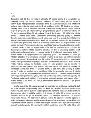30
100752
Zasunutím kľúč 30 tlačí na výstupok záklopky 27 púzdra zámku 2 a po zatlačení do
konečnej polohy, pri úplnom zasunutí, záklopka 27 uvoľní otvory púzdra zámku 2,
ktorými bude môcť prechádzať prenášacia tyčka 4 a uvoľniovacia tyčka l l a vyrážač 15
hodnoty tovaru. Na dne púzdra zámku 2 sú narážacie kolíčky 29, ktorými cez otvory v
spodnej stene kľúča je vytlačená záklopka 26 kľúča do hornej polohy, čím sa uvoľňuje
otvor 16 pre pásku 21 a horné otvory 6 pre prenášacie tyčky 4 a uvoľnovacie tyčky 11.
Po úplnom zasunutí kľúča 30 sú uvolnené horné å dolné otvory , 16 kľúča 30 a púzdra
zámku 2 presne proti sebe. Zatlačením profilovanej posuvnej páčky 1, smerem
dovnútra automatu, predchádza posuvná páčka cez otvor 3 v zadnej stene kľúča 30 a
tlačí na profilovanú prenášaciu tyčku , ktorá má po zdvihnutí záklopky 26 voľný priechod
cez hornú čásť profilovanej matrice 5 a uvoľnený otvor 6 kľúča 30 do protilahlého otvoru
púzdra zámku 2. Po jeho prechode musí prechádzať cez hornú časť profilovanej poistky
7 púzdra zámku 2. Len po jej prechode môže tlačiť na posuvnú tyčku , ktorá svojim
dopredným pohybom vytláča spoločnú západku 10, čím je umožnený opačný pohyb
profilovanej uvoľnovacej tyčke 11 púzdra zámku 2. Profilovaná uvoľnovacia tyčka 11
púzdra zámku 2 je spojená pomocou spojovacej tyčky 12 so zásuvkou 13, ktorú po
vytlačení západky 10 je umožnené vytiahnuť a vybrať z nej tovar. Na uvoľnovaciu tyčku
11 púzdra zámku 2 je napojen k bom 14 vyrážač 15 na vyrážanie hodnoty kupovaného
tovaru, ktoré je uvádzané do pohybu zároveň s vyťahovaním zásuvky 13 a cez otvor 16
vyráža hodnotu nákupu na kontrolnú pásku 21 ešte predtým, než je zásuvka 13
vytiahnúta do takej polohy, aby mohol z nej tovar vybrať. Pri vytiahnutí zásuvky 13,
prechádza uvoľnovacia tyčka 11 púzdra zámku 2 cez dolnú časť poistky 8 púzdra
zámku 2, kldže po spodnej stene prenášacej tyčky 4 a prechádza cez otvor 6 púzdra
zámku 2 a kľúča 30, do spodnej časti profilovanej matrice 17, pričom zároveň vracia do
pôvodnej polohy prenášaciu tyčku , ktorá už splnila svoju úlohu, uvoľnenie západky 10.
Profilovaná dolná časť matrice 17 znemožňuje prechod nepravej uvoľnovacej tyčky 11
púzdra zámku 2 do kľúča 30, čím je znemožnené vytiahnutie zásuvky 13 pri použití
cudzieho kľúča.
Uvoľňovacia tyčka 11 púzdra zámku 2 po prechode cez profilovanú matricu 17, tlačí
na dlhšie rameno dvojramennej páky 18, ktoré tlačí kratším spodným ramenom na
vozíček 19, cez ktorého gumové valčeky prechádza kontrolná páska 21. Kratšie rameno
dvojramennej páky 18 zatláča vozíček 19 k otvoru 16, kľúča 30, v ktorom po úplnom
zatlačení vozíčka 19 je na kontrolnú pásku 21 vyrazená vyrážačom 15 hodnota
nakúpeného tovaru. Pri doprednom pohybe vozíka 19 ozubené koliesko spojené s
prvým gumenným valčekom naráža na pevný nárazníček umiestnený na dne kľúča, čím
sa gumenný valček pootáča v smere hodinových ručičiek o 90° a pri otáčaní poťahuje
zároveň kontrolnú pásku 21 z cievky 20, takže k spodnému otvoru 16 kľúča 30 sa vždy
 