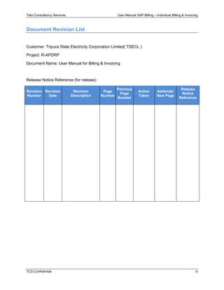 Tata Consultancy Services User Manual SAP Billing – Individual Billing & Invoicing
TCS Confidential iii
Document Revision List
Customer: Tripura State Electricity Corporation Limited( TSECL )
Project: R-APDRP
Document Name: User Manual for Billing & Invoicing
Release Notice Reference (for release)
Revision
Number
Revision
Date
Revision
Description
Page
Number
Previous
Page
Number
Action
Taken
Addenda/
New Page
Release
Notice
Reference
 