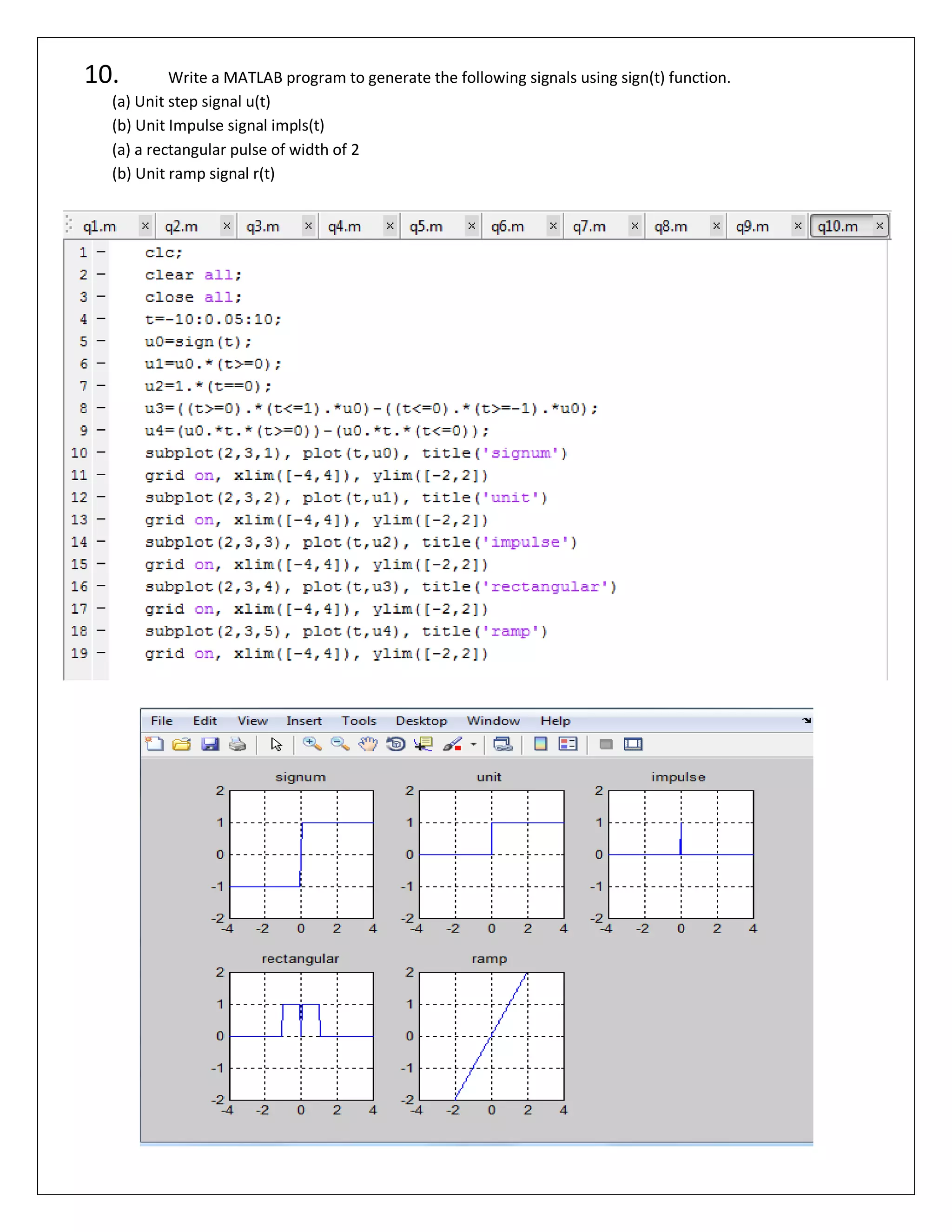 10. Write a MATLAB program to generate the following signals using sign(t) function. (a) Unit step signal u(t) (b) Unit Impulse signal impls(t) (a) a rectangular pulse of width of 2 (b) Unit ramp signal r(t) 