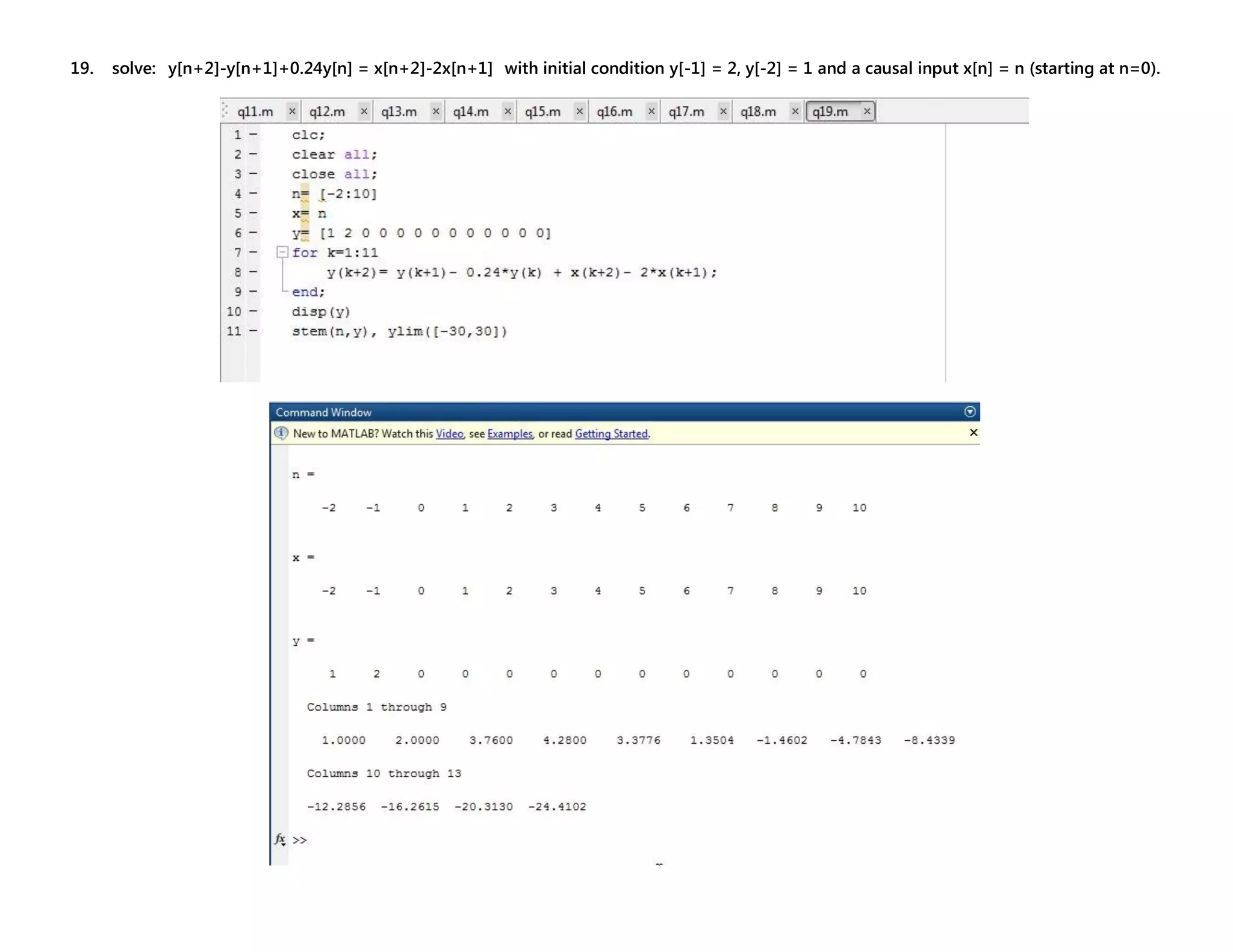 19. solve: y[n+2]-y[n+1]+0.24y[n] = x[n+2]-2x[n+1] with initial condition y[-1] = 2, y[-2] = 1 and a causal input x[n] = n (starting at n=0). 
