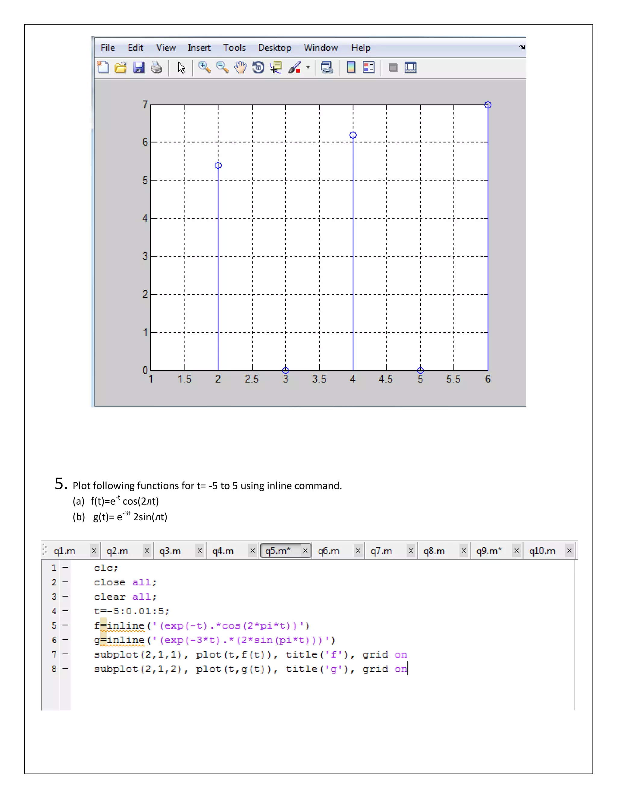 5. Plot following functions for t= -5 to 5 using inline command. (a) f(t)=e-t cos(2лt) (b) g(t)= e-3t 2sin(лt) 