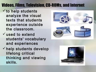 Videos, Films, Television, CD-ROMs, and Internet
 to help students
  analyze the visual
  texts that students
  experience outside
  the classroom.
 used to extend
  students' vocabulary
  and experiences
 help students develop
  lifelong critical
  thinking and viewing
  skills.
 