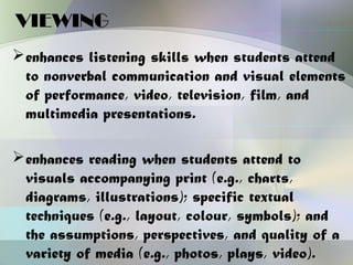 VIEWING
 enhances listening skills when students attend
  to nonverbal communication and visual elements
  of performance, video, television, film, and
  multimedia presentations.

 enhances reading when students attend to
  visuals accompanying print (e.g., charts,
  diagrams, illustrations); specific textual
  techniques (e.g., layout, colour, symbols); and
  the assumptions, perspectives, and quality of a
  variety of media (e.g., photos, plays, video).
 