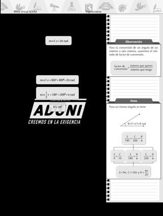 Anual Virtual ADUNI Trigonometría
Para la conversión de un ángulo de un
sistema a otro sistema, usaremos el mé-
todo de factor de conversión.
conversión
factor de sistema que quiero
sistema que tengo
=
Observación
Para un mismo ángulo se tiene
θ=S°=Cg
=R rad
S C R
180 200
= =
π
S C
9 10
=
S R
180
=
π
C R
200
=
π
S=9n, C=10n y R
n
=
π
20
Nota
SISTEMA RADIAL O CIRCULAR
Tiene como unidad de medida al radián (1 rad), el cual se obtiene
al dividir el ángulo de una vuelta entre 2π.
	 1
1
2
rad
m v
=
S
π
→ mS1 v=2p rad
p ≈ 3,14
Equivalencias entre los sistemas de medición angular
Para pasar de un sistema a otro se usa las siguientes equivalencias:
mS1 v=360°=400g
=2p rad
m vS
1
2
180= ° =200g
= p rad
9°=10g
 