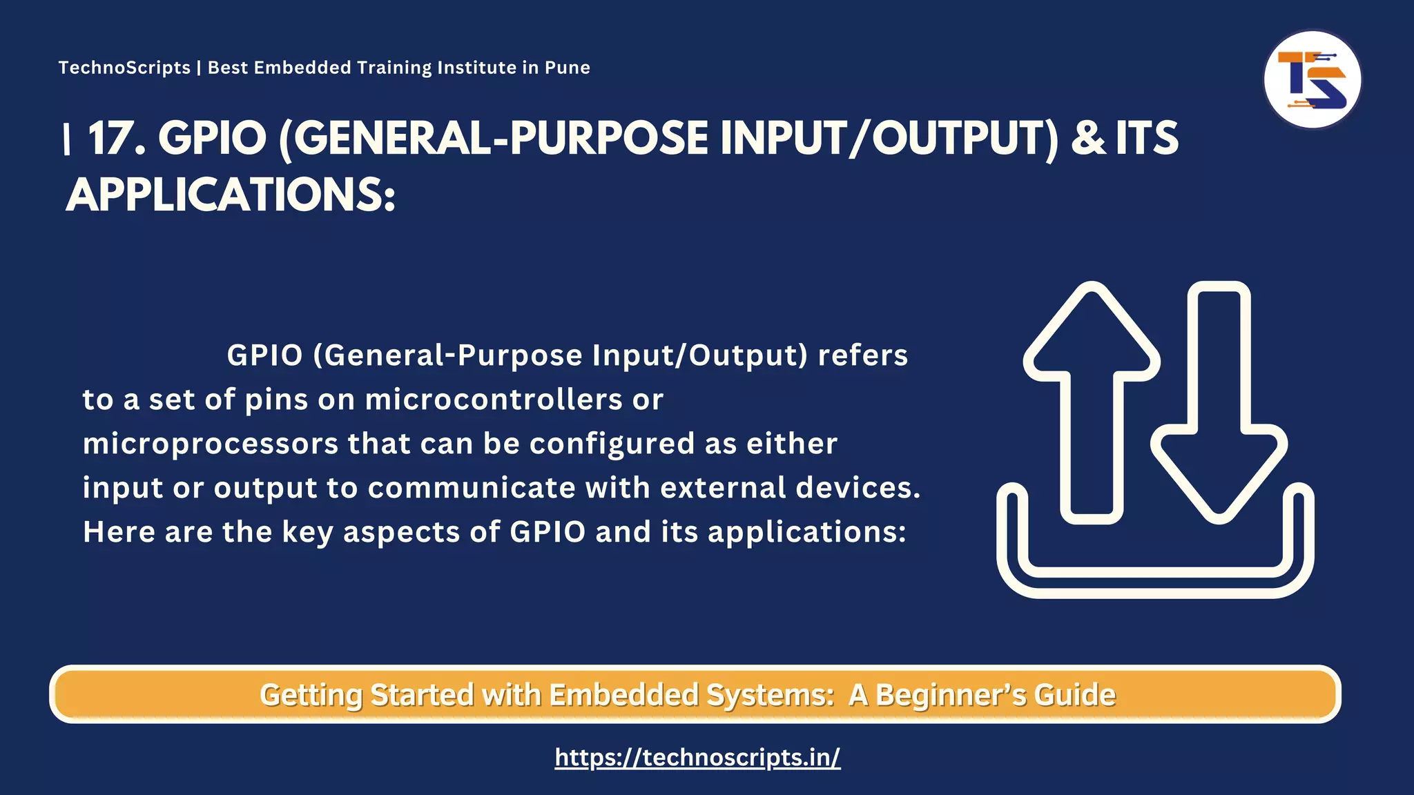 17. GPIO (GENERAL-PURPOSE INPUT/OUTPUT) & ITS APPLICATIONS: GPIO (General-Purpose Input/Output) refers to a set of pins on microcontrollers or microprocessors that can be configured as either input or output to communicate with external devices. Here are the key aspects of GPIO and its applications: Getting Started with Embedded Systems: Getting Started with Embedded Systems: A Beginner’s Guide A Beginner’s Guide TechnoScripts | Best Embedded Training Institute in Pune https://technoscripts.in/ 