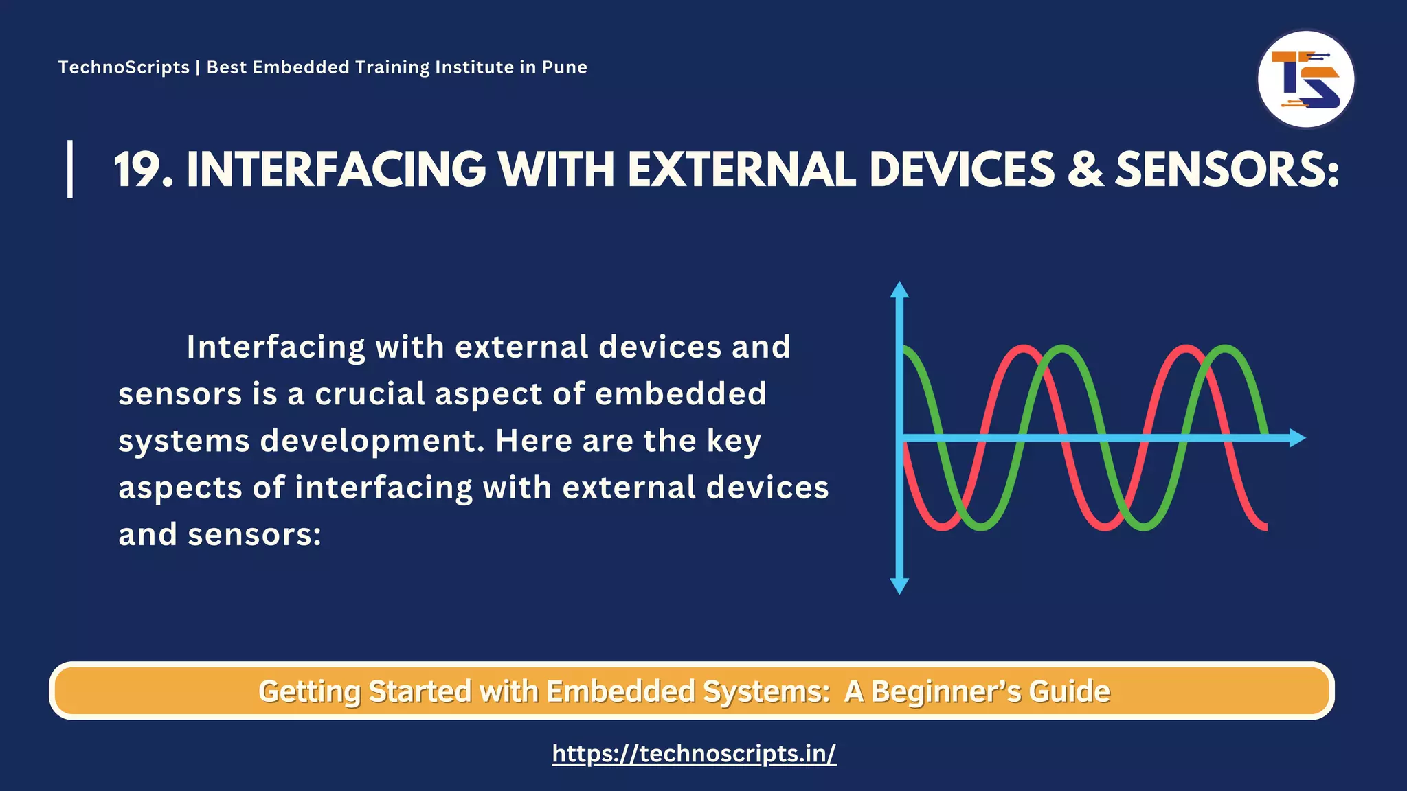 19. INTERFACING WITH EXTERNAL DEVICES & SENSORS: Interfacing with external devices and sensors is a crucial aspect of embedded systems development. Here are the key aspects of interfacing with external devices and sensors: Getting Started with Embedded Systems: Getting Started with Embedded Systems: A Beginner’s Guide A Beginner’s Guide TechnoScripts | Best Embedded Training Institute in Pune https://technoscripts.in/ 