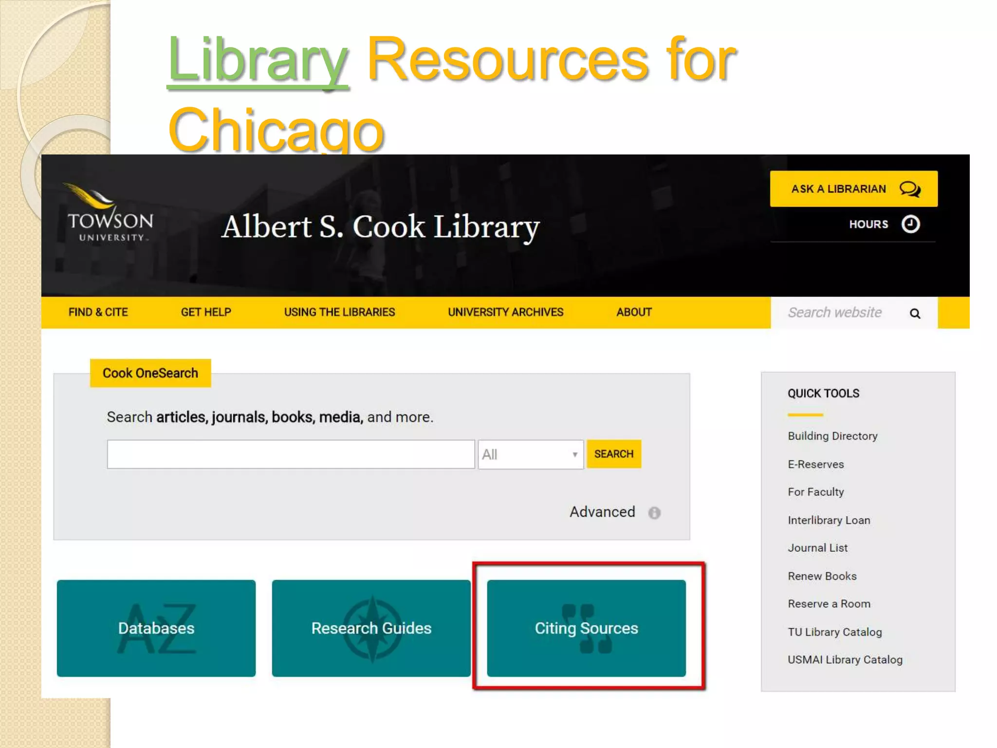 Library Resources for
Chicago
 
