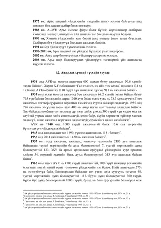 - 1972 он, Арьс ширний үйлдвэрийн нэгдлийн шинэ зохион байгуулалтанд
шилжин бие даасан салбар болж хөгжсөн.
- 1988 он, АШҮН Арьс импекс фирм болж бүтцээ өөрчилснөөр салбарын
хэмжээнд экспорт, импортын үйл ажиллагааг бие даан явуулах болсон.
- 1990 он, Хөнгөн үйлдвэрийн яам болон арьс импекс фирм татан буугдсан.
Салбарын бүх үйлдвэрүүд бие даан ажиллах болсон.
- 1991 он Бүх үйлдвэрүүд хувьчлагдаж эхэлсэн.
- 1990-2001 он, Арьс ширний аж үйлдвэр бүхэлдээ уналтанд орсон.
- 2002 он, Арьс шир боловсруулах үйлдвэрүүд сэргэж эхэлсэн.
- 2008 он, Арьс шир боловсруулах үйлдвэрүүд тогтвортой үйл ажиллагаа
явуулж эхэлсэн.
1.2. Ажиллах хүчний түүхийн хуудас
1934 онд АҮК-ад монгол ажилчид 600 шахам буюу ажилчдын 50.6 хувийг
эзэлж байсан2
. Харин Х.Гомбожавын “Гал голомт, их айл, том алхаа” номонд (131 х)
1934 онд АҮКомбинатад 1180 гаруй хүн ажиллаж, үүнээс 911 нь ажилчин байжээ.
1935 оны эхээр монгол ажилчид бүх ажилчдын 68.2 хувийг эзэлж байсан буюу
795 хүн байсан бол жилийн дараа 1010 хүн болж эзлэх хувь нь 78.3 хувд хүрчээ. Гэвч
ажилчдын тогтвор суурьшил зорилтын хэмжээнд хүртэл сайжирч чадахгүй, 1935 онд
776 ажилчин элсүүлэн авсан атал 400 нь ямар нэгэн шалтгаанаар халагдаж байжээ.
Энэ байдалд комбинатын захиргаа дүгнэлт хийж үзэхэд 300 гаруй хүн хөдөө мал аж
ахуйтай учраас ажил хийх сонирхолгүй, орон байр, ахуйн хэрэгцээт зүйлээр хангаж
чадаагүй, шинэ ажилчид мэргэжил дадлагагүй учраас бага цалин авч байжээ3
.
АҮК нь 1940 онд 1000 гаруй ажилчинтай болж 13.6 сая төгрөгийн
бүтээгдэхүүн үйлдвэрлэж байсан4
.
1945 онд ажилласдын тоо 1699, үүнээс ажилчид нь 1141 болжээ5
.
1955 онд 2014 ажиллагсдын 1420 нь ажилчин байжээ6
.
1957 он гэхэд ажилчин, ажилтан, инженер техникийн 2183 хүн ажиллаж
байгаагаас тусгай мэргэжлийн ба дээд боловсролтой 7, тусгай мэргэжлийн дунд
боловсролтой 123, ЗХУ ба ардын ардчилсан орнуудад үйлдвэрийн курс практик
хийсэн 54, ерөнхий эрдмийн бага, дунд боловсролтой 313 хүн ажиллаж байсан
байна7
.
1965 оны эцэст АҮК нь 4500 гаруй ажилчинтай, 200 гаруй инженер техникийн
мэргэжилтэнтэй манай орны томоохон үйлдвэрийн нэг болов. Нийт ажилчдын 57%
нь эмэгтэйчүүд байв. Боловсролын байдлыг авч үзвэл дээд сургууль төгссөн 48,
тусгай мэргэжлийн дунд боловсролтой 117, бүрэн дунд боловсролтой 300 гаруй,
бүрэн бус дунд боловсролтой 1000 гаруй, бусад нь бага сургуулийн боловсрол олж
2
Аж үйлдвэрийн комбинатын эдийн засгийн түүхэн хөгжлийн товчоо 1931-1971 он, Улаанбаатар хот, 1974 он, 21 х
3
Гал голомт, их айл, том алхаа, Х.Гомбожав, Улаанбаатар 1988 он, 54 х
4
Аж үйлдвэрийн комбинатын эдийн засгийн түүхэн хөгжлийн товчоо 1931-1971 он, Улаанбаатар хот, 1974 он, 12 х
5
Гал голомт, их айл, том алхаа, Х.Гомбожав, Улаанбаатар 1988 он, 131 х
6
Гал голомт, их айл, том алхаа, Х.Гомбожав, Улаанбаатар 1988 он, 131 х
7
Аж үйлдвэрийн комбинатын эдийн засгийн түүхэн хөгжлийн товчоо 1931-1971 он, Улаанбаатар хот, 1974 он, 21 х
 