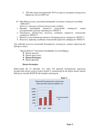 5.

МТ-ийн гадаад аутсорсингийг 2015 он хүртэлх хугацаанд хөгжүүлэхэд
баримтлах чиглэл (2007 он)

4.5 Мөн Монгол улсад үндэсний инновацийн тогтолцоог хөгжүүлэх хөтөлбөр
/2008-2015/
Мэдээлэл, харилцаа холбооны технологийн салбарт:
1. Програм хангамжийн дэвшилтэт технологийг нэвтрүүлэх, гадаад
аутсорсингийн судалгааг эрчимжүүлэх /МХХТ 1/
2. Үйлдвэрлэл, үйлчилгээнд мэдээлэл, холбооны дэвшилтэт технологийг
нэвтрүүлэх /МХХТ 2/
3. Монгол хэлэнд компьютер шинжлэл, боловсруулалтыг нэвтрүүлэх /МХХТ 3/
4. Мэдээлэл, харилцаа, холбооны технологийн сургалтыг сайжруулах /МХХТ 4/
Бүх нийтийн мэдээлэл технолоийг боловсролыг дээшлүүлэх, дэмжих зорилгоор авч
буй арга хэмжээ.
“Цахим Монгол” Үндэсний хөтөлбөрийн дэд хөтөлбөрүүд
 Цахим засаглал
 Цахим эрүүл мэнд
 Цахим боловсрол
 Цахим арилжаа
Цахим боловсрол
Нийслэлийн 80, 21 аймгийн 112, нийт 192 ерөнхий боловсролын сургуульд
интернэтийн болон дотоод сүлжээ бүхий 21 компьютертэй иж бүрэн цахим танхим
байгуулах төслийг БСШУЯ-тай хамтран хэрэгжүүлж
Зураг 1

Ерөнхий боловсролын сургалтанд
ашиглаж буй компьютерийн тоо
12000
10000
8000
компьютерийн
тоо

6000
4000
2000
0
2004 2007 2008

Зураг 2

 