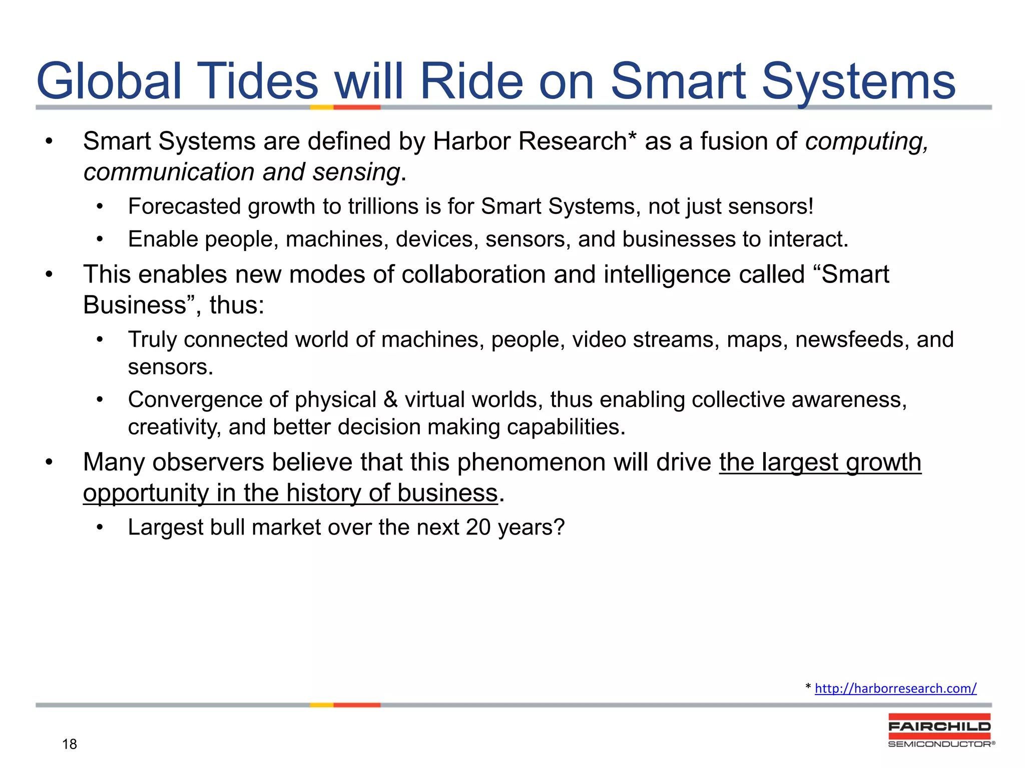 Global Tides will Ride on Smart Systems
•

Smart Systems are defined by Harbor Research* as a fusion of computing,
communication and sensing.
•
•

•

Forecasted growth to trillions is for Smart Systems, not just sensors!
Enable people, machines, devices, sensors, and businesses to interact.

This enables new modes of collaboration and intelligence called “Smart
Business”, thus:
•
•

•

Truly connected world of machines, people, video streams, maps, newsfeeds, and
sensors.
Convergence of physical & virtual worlds, thus enabling collective awareness,
creativity, and better decision making capabilities.

Many observers believe that this phenomenon will drive the largest growth
opportunity in the history of business.
•

Largest bull market over the next 20 years?

* http://harborresearch.com/

18

 