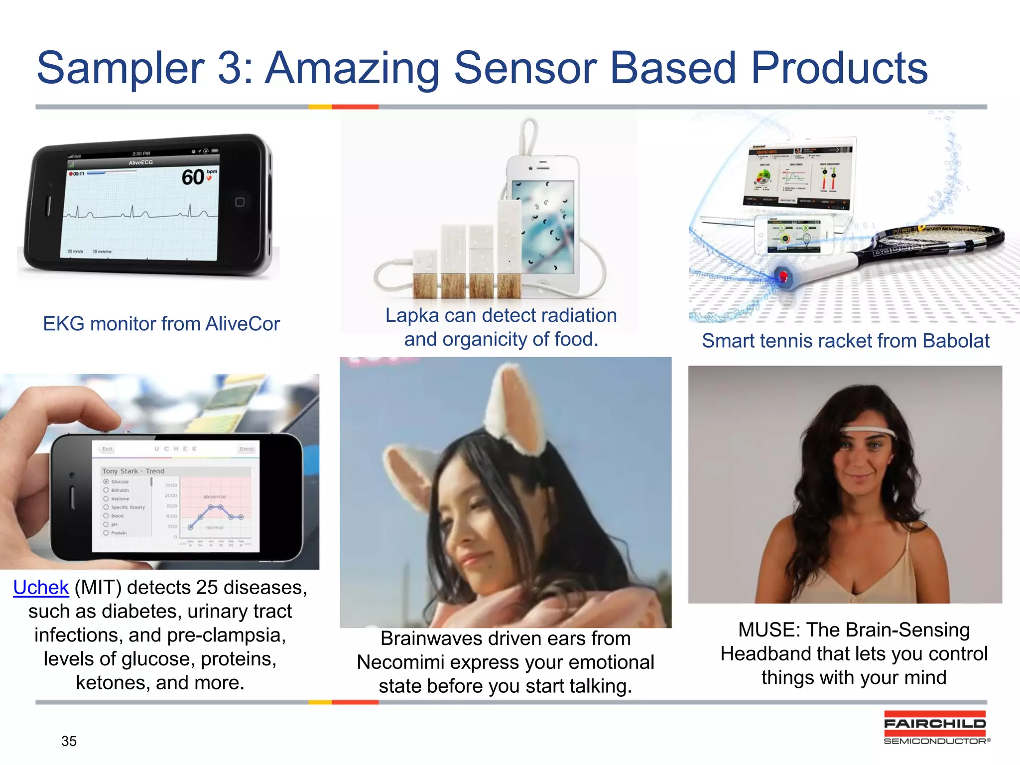 Sampler 3: Amazing Sensor Based Products

EKG monitor from AliveCor

Uchek (MIT) detects 25 diseases,
such as diabetes, urinary tract
infections, and pre-clampsia,
levels of glucose, proteins,
ketones, and more.
35

Lapka can detect radiation
and organicity of food.

Brainwaves driven ears from
Necomimi express your emotional
state before you start talking.

Smart tennis racket from Babolat

MUSE: The Brain-Sensing
Headband that lets you control
things with your mind

 