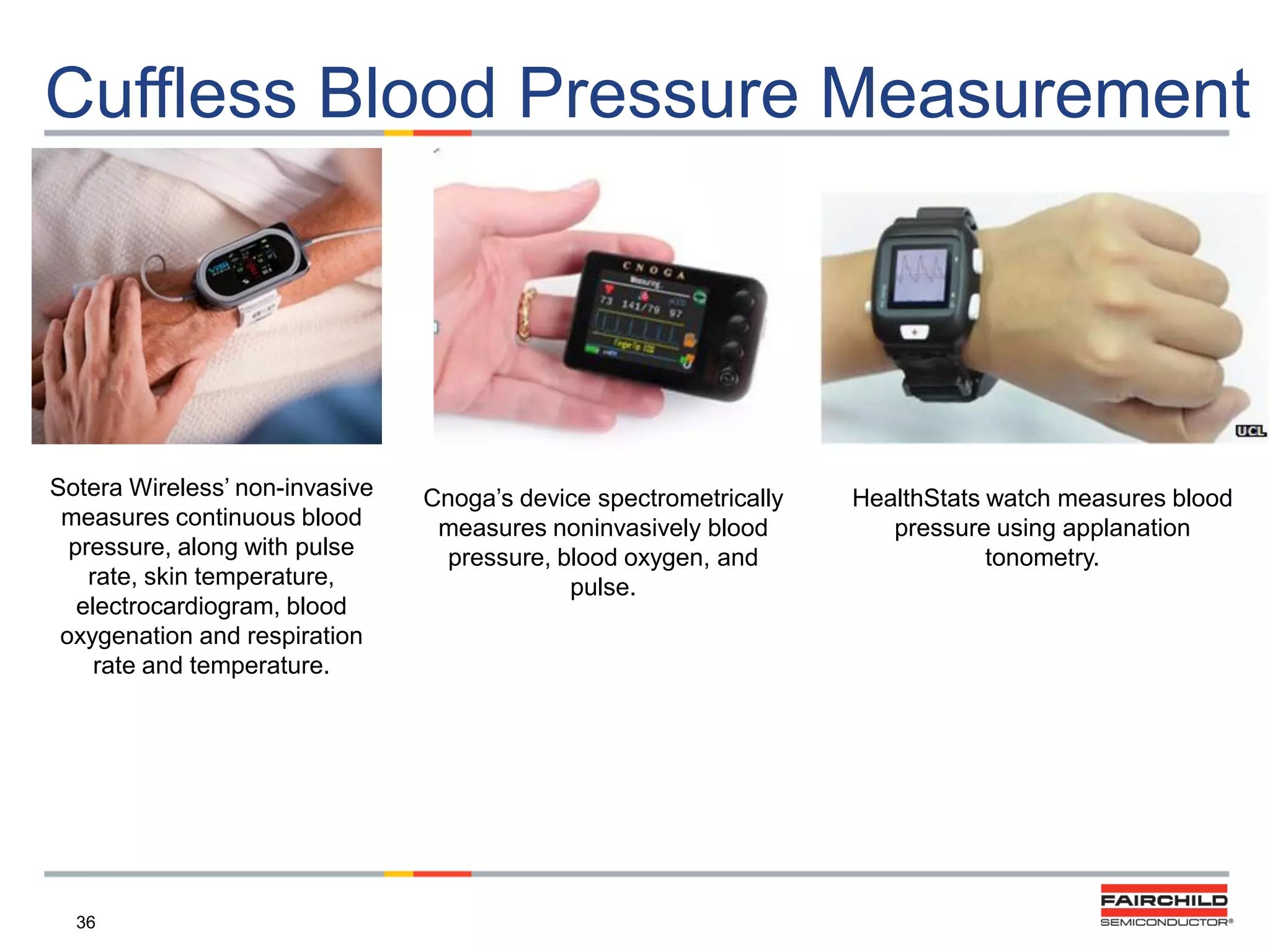 Cuffless Blood Pressure Measurement

Sotera Wireless‟ non-invasive
measures continuous blood
pressure, along with pulse
rate, skin temperature,
electrocardiogram, blood
oxygenation and respiration
rate and temperature.

36

Cnoga‟s device spectrometrically
measures noninvasively blood
pressure, blood oxygen, and
pulse.

HealthStats watch measures blood
pressure using applanation
tonometry.

 