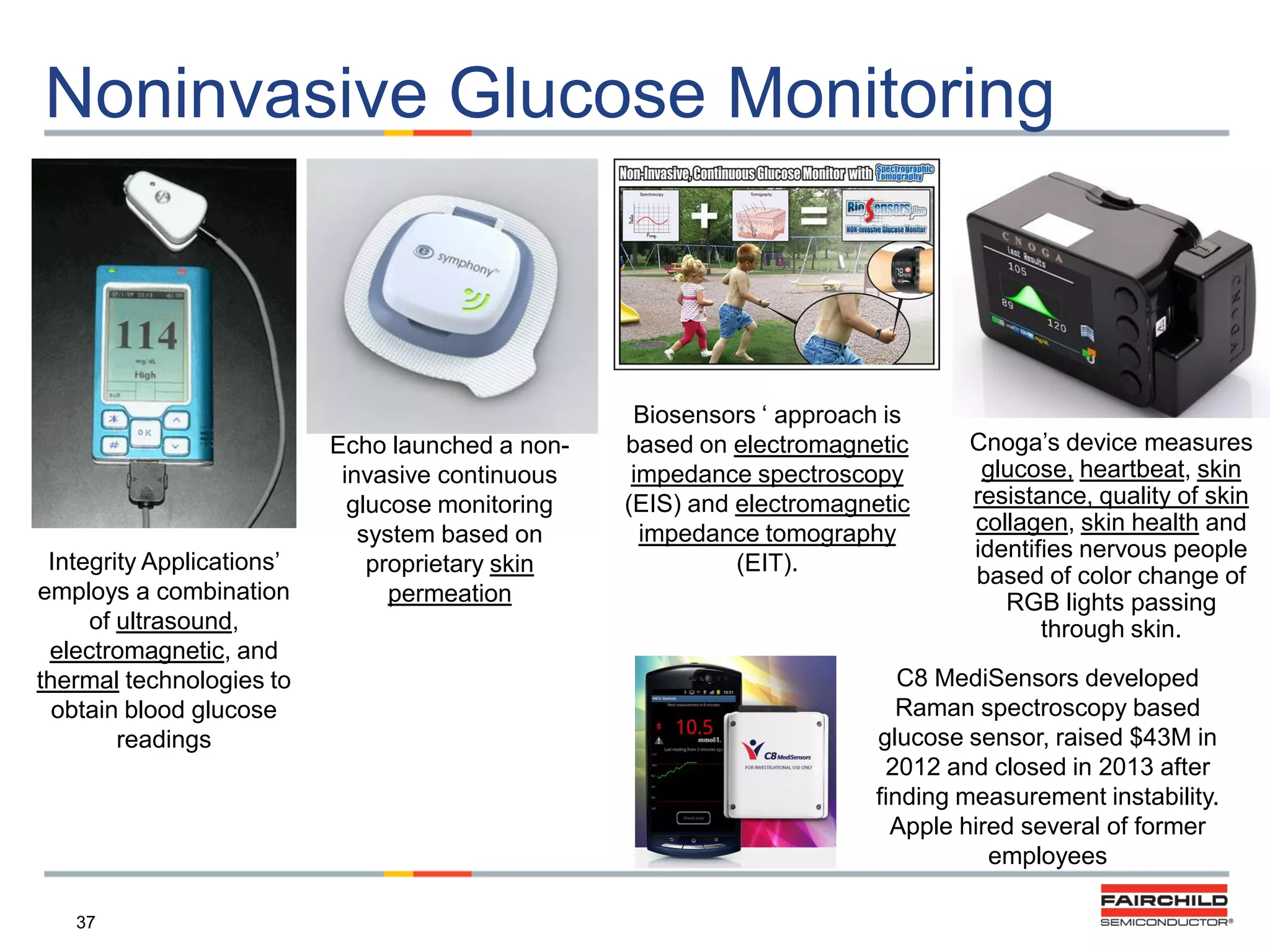 Noninvasive Glucose Monitoring

Integrity Applications‟
employs a combination
of ultrasound,
electromagnetic, and
thermal technologies to
obtain blood glucose
readings

37

Echo launched a noninvasive continuous
glucose monitoring
system based on
proprietary skin
permeation

Biosensors „ approach is
based on electromagnetic
impedance spectroscopy
(EIS) and electromagnetic
impedance tomography
(EIT).

Cnoga‟s device measures
glucose, heartbeat, skin
resistance, quality of skin
collagen, skin health and
identifies nervous people
based of color change of
RGB lights passing
through skin.

C8 MediSensors developed
Raman spectroscopy based
glucose sensor, raised $43M in
2012 and closed in 2013 after
finding measurement instability.
Apple hired several of former
employees

 