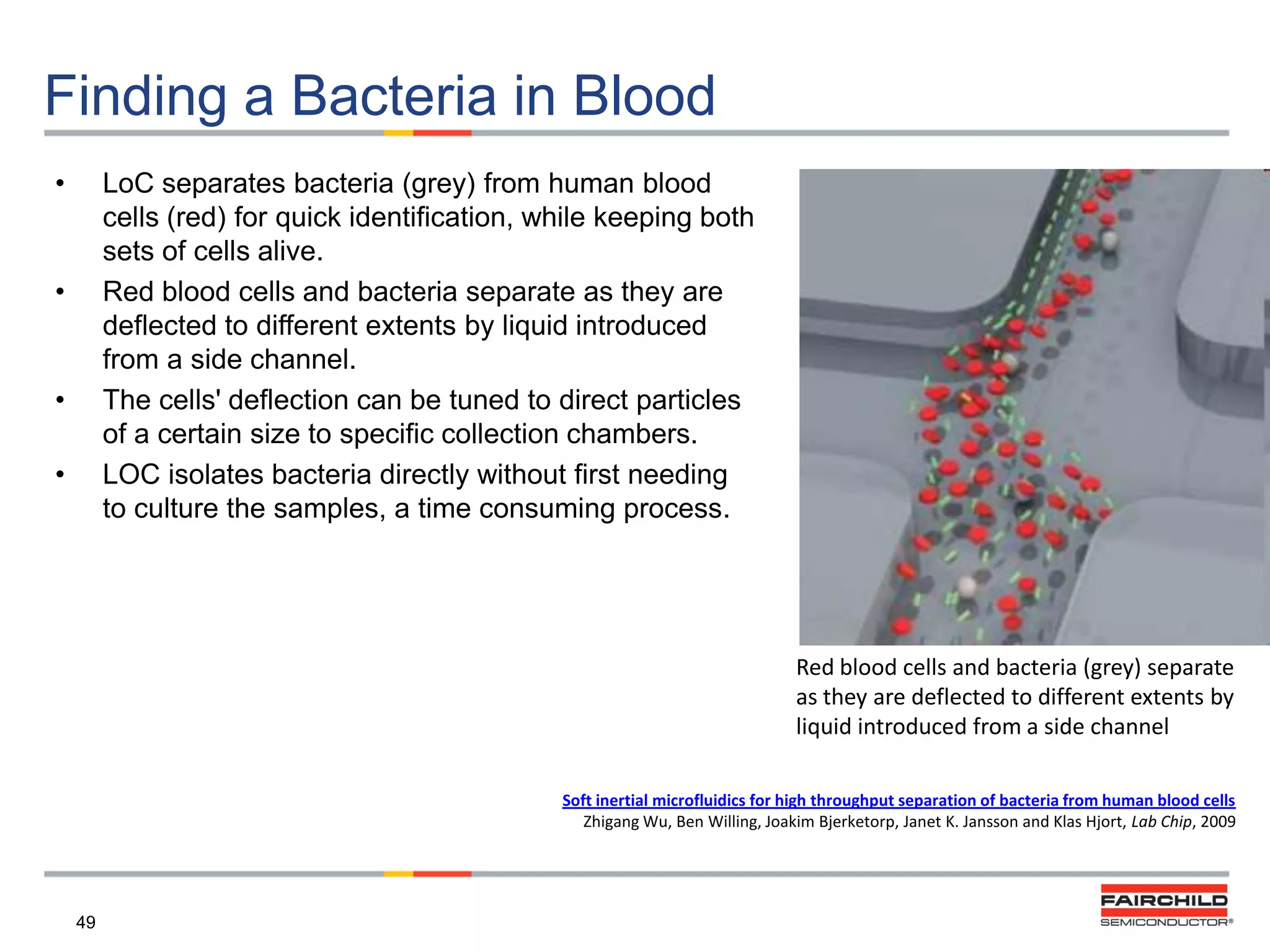 Finding a Bacteria in Blood
•

LoC separates bacteria (grey) from human blood
cells (red) for quick identification, while keeping both
sets of cells alive.
Red blood cells and bacteria separate as they are
deflected to different extents by liquid introduced
from a side channel.
The cells' deflection can be tuned to direct particles
of a certain size to specific collection chambers.
LOC isolates bacteria directly without first needing
to culture the samples, a time consuming process.

•

•
•

Red blood cells and bacteria (grey) separate
as they are deflected to different extents by
liquid introduced from a side channel
Soft inertial microfluidics for high throughput separation of bacteria from human blood cells
Zhigang Wu, Ben Willing, Joakim Bjerketorp, Janet K. Jansson and Klas Hjort, Lab Chip, 2009

49

 