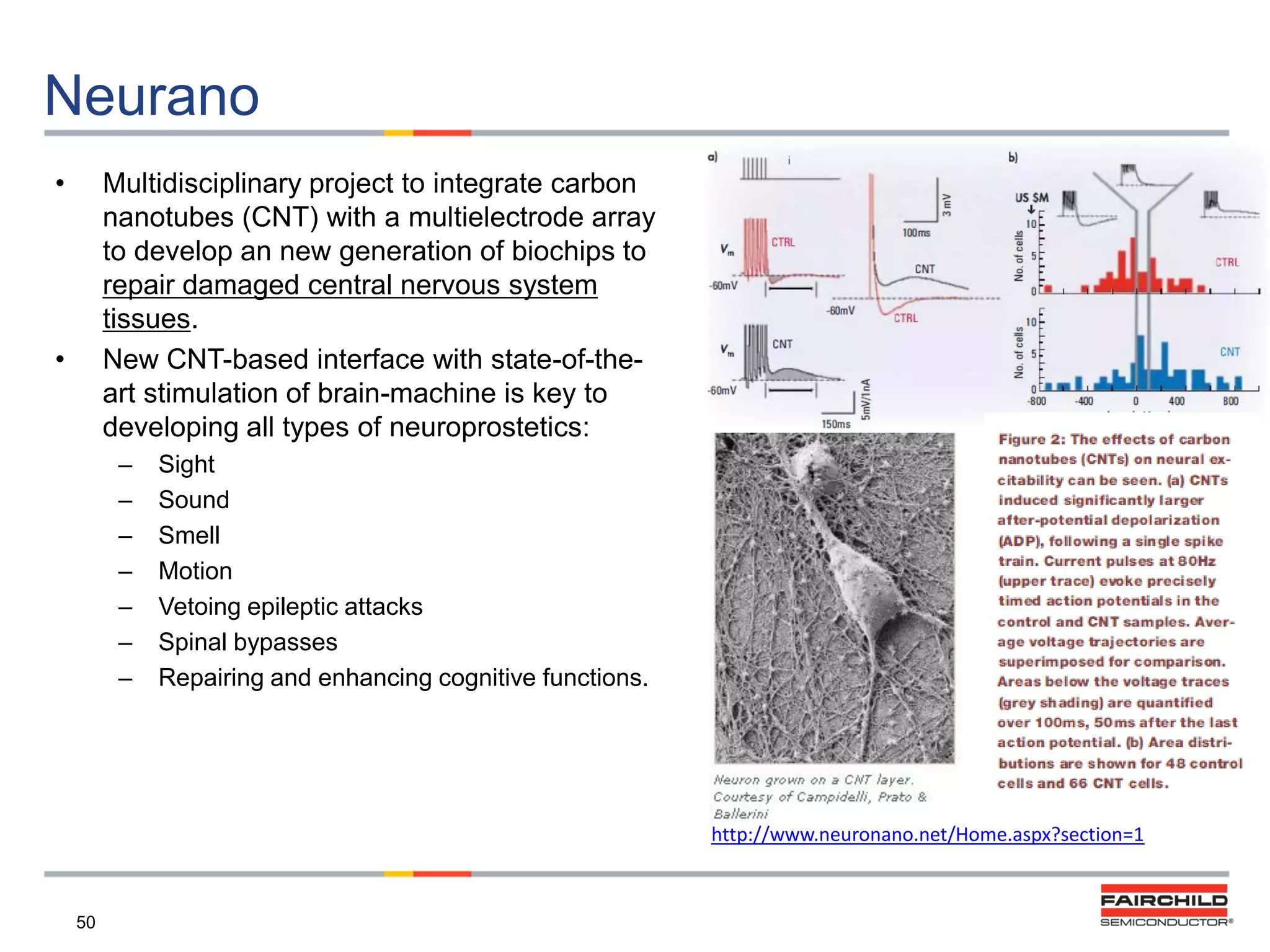 Neurano
•

Multidisciplinary project to integrate carbon
nanotubes (CNT) with a multielectrode array
to develop an new generation of biochips to
repair damaged central nervous system
tissues.
New CNT-based interface with state-of-theart stimulation of brain-machine is key to
developing all types of neuroprostetics:

•

–
–
–
–
–
–
–

Sight
Sound
Smell
Motion
Vetoing epileptic attacks
Spinal bypasses
Repairing and enhancing cognitive functions.

http://www.neuronano.net/Home.aspx?section=1

50

 