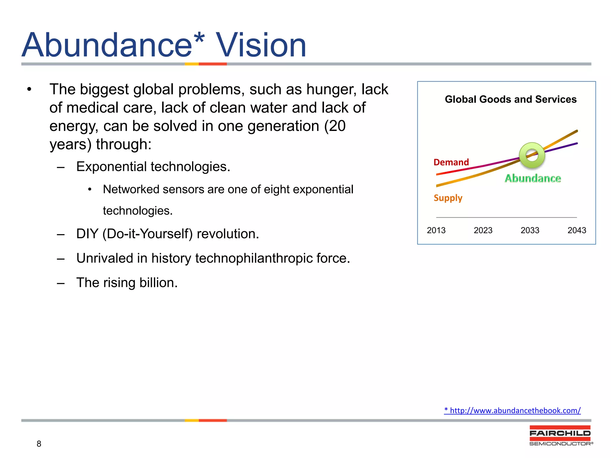Abundance* Vision
•

The biggest global problems, such as hunger, lack
of medical care, lack of clean water and lack of
energy, can be solved in one generation (20
years) through:
– Exponential technologies.
• Networked sensors are one of eight exponential

Global Goods and Services

Demand
Supply

technologies.

– DIY (Do-it-Yourself) revolution.

2013

2023

2033

2043

– Unrivaled in history technophilanthropic force.
– The rising billion.

* http://www.abundancethebook.com/

8

 
