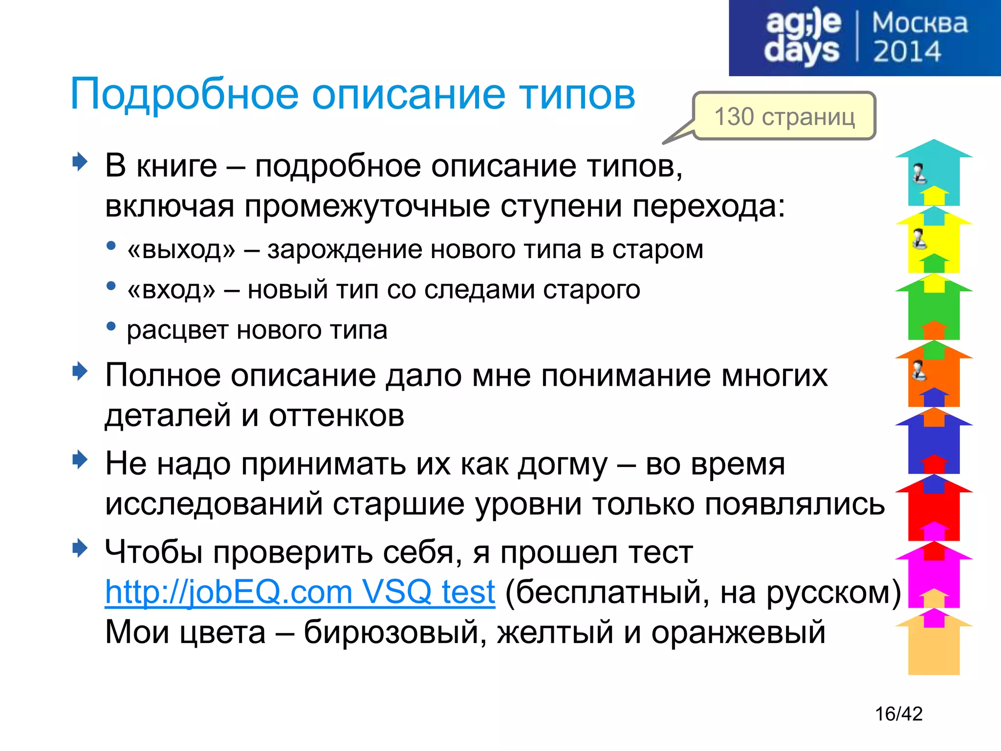  В книге – подробное описание типов,
включая промежуточные ступени перехода:
• «выход» – зарождение нового типа в старом
• «вход» – новый тип со следами старого
• расцвет нового типа
 Полное описание дало мне понимание многих
деталей и оттенков
 Не надо принимать их как догму – во время
исследований старшие уровни только появлялись
 Чтобы проверить себя, я прошел тест
http://jobEQ.com VSQ test (бесплатный, на русском)
Мои цвета – бирюзовый, желтый и оранжевый
Подробное описание типов 130 страниц
16/42
 