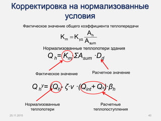 Корректировка на нормализованные
условия
Нормализованные теплопотери здания
Расчетное значениеФактическое значение
Нормализованные
теплопотери
Расчетные
теплопоступления
Q h
y= (Qh- ζ∙ν ·(Qint+ Qs)∙βh
Q h= Km∙ΣAsum ·Dd
sum
h
удm
A
A
KK 
Фактическое значение общего коэффициента теплопередачи
4025.11.2015
 