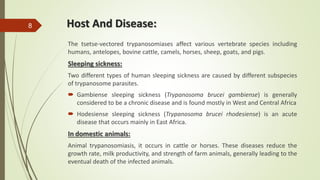 Host And Disease:
The tsetse-vectored trypanosomiases affect various vertebrate species including
humans, antelopes, bovine cattle, camels, horses, sheep, goats, and pigs.
Sleeping sickness:
Two different types of human sleeping sickness are caused by different subspecies
of trypanosome parasites.
 Gambiense sleeping sickness (Trypanosoma brucei gambiense) is generally
considered to be a chronic disease and is found mostly in West and Central Africa
 Hodesiense sleeping sickness (Trypanosoma brucei rhodesiense) is an acute
disease that occurs mainly in East Africa.
In domestic animals:
Animal trypanosomiasis, it occurs in cattle or horses. These diseases reduce the
growth rate, milk productivity, and strength of farm animals, generally leading to the
eventual death of the infected animals.
8
 