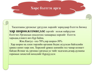 Тасалгааны ургамлыг ургуулах хөрсийг зориудаар бэлтгэх бөгөөд
хар шороо,ялзмаг,элс зэргийг хольж найруулан
бэлтгэнэ.Ургамлын онцлогоос хамаараад хөрсийг бэлтгэх
харьцаа,хэмжээ янз бүр байна.
Жнь:Кактус -элс-70%,хар шороо-30%
Хар шороо нь олон төрлийн органик бодис агуулсан байгалийн
үржил шимт хөрс юм. Хөрсний үржил шимийн гол чанар ялзмагт
байдаг.Ялзмаг нь ургамал ургахад ус чийг хадгалах,агаар,дулааны
горимын зохистой нөхцлийг бүрдүүлдэг.
Хөрс бэлтгэх арга
 