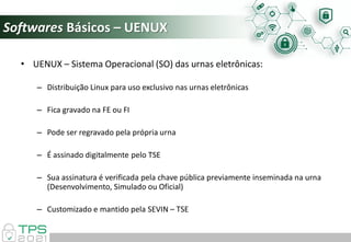 Softwares Básicos – UENUX
• UENUX – Sistema Operacional (SO) das urnas eletrônicas:
– Distribuição Linux para uso exclusivo nas urnas eletrônicas
– Fica gravado na FE ou FI
– Pode ser regravado pela própria urna
– É assinado digitalmente pelo TSE
– Sua assinatura é verificada pela chave pública previamente inseminada na urna
(Desenvolvimento, Simulado ou Oficial)
– Customizado e mantido pela SEVIN – TSE
 