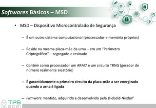 Softwares Básicos – MSD
• MSD – Dispositivo Microcontrolado de Segurança
– É um outro sistema computacional (processador e memória próprios)
– Reside na mesma placa-mãe da urna – em um “Perímetro
Criptográfico” – segregado e resinado
– Contém como processador um ARM7 e um circuito TRNG (gerador de
número realmente aleatório)
– É garantidamente o primeiro circuito da placa-mãe a ser energizado
quando a urna é ligada
– Firmware mantido, adquirido e desenvolvido pela Diebold-Nixdorf
 