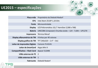 UE2015 – especificações
Placa-mãe Proprietária da Diebold Nixdorf
CPU Intel Atom Z510P 1,10 GHz
Fonte Microcontrolada
Display LCD Policromático 10,1” HannStar (1280 x 768)
Bateria UNICOBA (Unipower) Chumbo-ácido – 12V - 7,0Ah – UP1270
Impressora Térmica Mecaf
Display alfanumérico do TM 4 linhas por 40 colunas
Display gráfico do TM TFT 240x320 – 2.4” – DLC
Leitor de Impressões Digitais Futronic FS-81HS
Leitor de SmartCard Argos Mini II
CompactFlashes – Flash Card Apacer 512MB
USBs externas do TE 2
USBs externas do TM 1
Fabricante Diebold Nixdorf
 