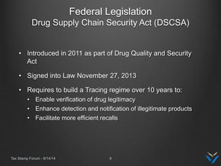 Federal Legislation
Drug Supply Chain Security Act (DSCSA)
• Introduced in 2011 as part of Drug Quality and Security
Act
•...