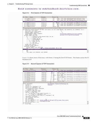 Se n d c o m m e n t s t o m d s f e e d b a ck -d o c @ c i sc o . c o m .
5-13
Cisco MDS 9000 Family Troubleshooting Guide
OL-5183-02, Cisco MDS SAN-OS Release 1.3
Chapter 5 Troubleshooting IP Storage Issues
Troubleshooting FCIP Connections
Figure 5-3 First Capture of TCP Connection
Figure 5-4 shows more of the trace, with frame 13 being the first FCIP frame. This frame carries the FC
Standard ELP.
Figure 5-4 Second Capture of TCP Connection
 