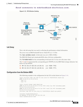 Se n d c o m m e n t s t o m d s f e e d b a ck -d o c @ c i sc o . c o m .
5-45
Cisco MDS 9000 Family Troubleshooting Guide
OL-5183-02, Cisco MDS SAN-OS Release 1.3
Chapter 5 Troubleshooting IP Storage Issues
Fine Tuning/Troubleshooting IPS iSCSI TCP Performance
Figure 5-14 IPS Window Scaling
Lab Setup
This is the lab setup that was used in collecting the performance-related information.
The server was an IBM PentiumIII Server: Dual CPU @ 1.13 Ghz
The tcp window-sizetcp window-sizetcp window-sizetcp window-size at both ends was set to 1MB (1024K).
The IBM ESS Shark had a hardcoded B2B value of 64 (not configurable).
The fcrxbbcreditfcrxbbcreditfcrxbbcreditfcrxbbcredit on the corresponding switch port (fc1/3) was set to the same value.
The C4 and C8 represented the corresponding port WWPNs for the IBM Shark storage subsytem. See
below for full WWPN:
C4C4C4C4 50:05:07:63:00:c4:94:4c (in VSAN 778)
C8C8C8C8 50:05:07:63:00:c8:94:4c (in VSAN 777)
Configuration from the Bottom MDS
The following example is the configuration for the 9216 switch shown in Figure 5-14.
iscsi initiator name iqn.1987-05.com.cisco:02.75af2f95624c.shark-nas
pWWN 20:05:00:0c:30:6c:24:42
vsan 777
vsan 778
iscsi virtual-target name shark_nas
pWWN 50:05:07:63:00:c8:94:4c fc-lun 0000 iscsi-lun 0000 secondary-pwwn
50:05:07:63:00:c4:94:4c
pWWN 50:05:07:63:00:c8:94:4c fc-lun 0001 iscsi-lun 0001 secondary-pwwn
50:05:07:63:00:c4:94:4c
initiator iqn.1987-05.com.cisco:02.75af2f95624c.shark-nas permit
interface GigabitEthernet2/1
ip address 10.48.69.251 255.255.255.192
iscsi authentication none
Catalyst 6000
2/1
2/1
FC 1/3
FC 1/3
C4
C8
E-ISL
FCP
iSCSI/TCP
ESS 2105/F20
MDS 9216_Bottom
1.1(0.133c)
MDS 9216_Top
1.1(0.133c)
Shark-nas
10.48.69.233
Windows 2000/SP3
Cisco iSCSI - 3.1.1
NIC Alacritech TOE
Driver 5.50
10.48.69.250
94230
FC
FC
HBA
 