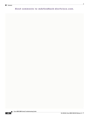 Se n d c o m m e n t s t o m d s f e e d b a ck -d o c @ c i sc o . c o m .
Contents
viii
Cisco MDS 9000 Family Troubleshooting Guide
OL-5183-02, Cisco MDS SAN-OS Release 1.3
 