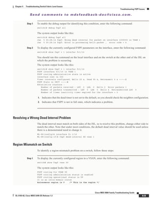 Se n d c o m m e n t s t o m d s f e e d b a ck -d o c @ c i sc o . c o m .
4-9
Cisco MDS 9000 Family Troubleshooting Guide
OL-5183-02, Cisco MDS SAN-OS Release 1.3
Chapter 4 Troubleshooting Switch Fabric Level Issues
Troubleshooting FSPF Issues
Step 1 To enable the debug output for identifying this condition, enter the following command:
switch1# debug fspf all
The system output looks like this:
switch1# debug fspf all
Jan 5 00:28:14 fspf: Wrong dead interval for packet on interface 100f000 in VSAN 1
Jan 5 00:28:14 fspf: Error in processing hello packet , error code = 4
Step 2 To display the currently configured FSPF parameters on the interface, enter the following command:
switch1# show fspf v 1 interfac fc1/16
You should run this command on the local interface and on the switch at the other end of the ISL on
which the problem is occurring.
The system output looks like this:
switch1# show fspf v 1 interfac fc1/16
FSPF interface fc1/16 in VSAN 1
FSPF routing administrative state is active
Interface cost is 500
Timer intervals configured, Hello 20 s, Dead 95 s, Retransmit 5 s -----1
FSPF State is INIT -----2
xStatistics counters :
Number of packets received : LSU 0 LSA 0 Hello 2 Error packets 1
Number of packets transmitted : LSU 0 LSA 0 Hello 4 Retransmitted LSU 0
Number of times inactivity timer expired for the interface = 0
1. Indicates that the dead timer is not set to the default, so you should check the neighbor configuration.
2. Indicates that FSPF is not in full state, which indicates a problem.
Resolving a Wrong Dead Interval Problem
The dead interval must match on both sides of the ISL, so to resolve this problem, change either side to
match the other. Note that under most conditions, the default dead interval value should be used unless
there is a demonstrated need to change it.
ML-88(config)# interface fc 1/16
ML-88(config-if)# fspf dead-interval XX vsan 1
Region Mismatch on Switch
To identify a region mismatch problem on a switch, follow these steps:
Step 1 To display the currently configured region in a VSAN, enter the following command:
switch# show fspf vsan 99
The system output looks like this:
FSPF routing for VSAN 99
FSPF routing administration status is enabled
FSPF routing operational status is UP
It is an intra-domain router
Autonomous region is 0 /* This is the region */
 