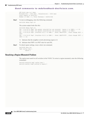 Se n d c o m m e n t s t o m d s f e e d b a ck -d o c @ c i sc o . c o m .
4-10
Cisco MDS 9000 Family Troubleshooting Guide
OL-5183-02, Cisco MDS SAN-OS Release 1.3
Chapter 4 Troubleshooting Switch Fabric Level Issues
Troubleshooting FSPF Issues
SPF hold time is 0 msec
MinLsArrival = 1000 msec , MinLsInterval = 5000 msec
Local Domain is 0x78(120)
Number of LSRs = 2, Total Checksum = 0x000133de
Step 2 To turn on debugging, enter the following command:
switch1# debug fspf all
The system output looks like this:
switch1# debug fspf all
Jan 5 00:39:31 fspf: FC2 packet received for non existent region 0 in VSAN 1 -----1
Jan 5 00:39:33 fspf: FC2 packet received for non existent region 0 in VSAN 1
Jan 5 00:39:45 fspf: Interface fc1/1 in VSAN 1 : Event INACTIVITY , State change INIT ->
INIT
Jan 5 00:39:45 fspf: Interface fc1/2 in VSAN 1 : Event INACTIVITY , State change INIT ->
INIT -----2
1. Indicates that the neighbor switch advertising region is 0.
2. Indicates that FSPF is in INIT state for each ISL.
Step 3 To check region settings, issue a show run command.
switch1# show run
fspf config vsan 1
region 1
Resolving a Region Mismatch Problem
The region must match on all switches in the VSAN. To correct a region mismatch, enter the following
commands:
switch1(config)# fspf config vsan 1
switch1(config-(fspf-config))# region 0
 