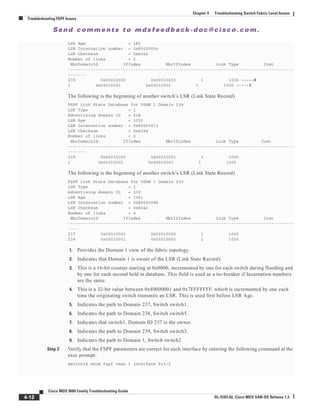 Se n d c o m m e n t s t o m d s f e e d b a ck -d o c @ c i sc o . c o m .
4-12
Cisco MDS 9000 Family Troubleshooting Guide
OL-5183-02, Cisco MDS SAN-OS Release 1.3
Chapter 4 Troubleshooting Switch Fabric Level Issues
Troubleshooting FSPF Issues
LSR Age = 185
LSR Incarnation number = 0x8000000c
LSR Checksum = 0xe0a2
Number of links = 2
NbrDomainId IfIndex NbrIfIndex Link Type Cost
------------------------------------------------------------------------------------------
-------
239 0x00010000 0x00010003 1 1000 -----8
1 0x00010001 0x00010002 1 1000 -----9
The following is the beginning of another switch’s LSR (Link State Record)
FSPF Link State Database for VSAN 1 Domain 238
LSR Type = 1
Advertising domain ID = 238
LSR Age = 1052
LSR Incarnation number = 0x80000013
LSR Checksum = 0xe294
Number of links = 2
NbrDomainId IfIndex NbrIfIndex Link Type Cost
------------------------------------------------------------------------------------------
-------
239 0x00010003 0x00010001 1 1000
1 0x00010002 0x00010003 1 1000
The following is the beginning of another switch’s LSR (Link State Record)
FSPF Link State Database for VSAN 1 Domain 239
LSR Type = 1
Advertising domain ID = 239
LSR Age = 1061
LSR Incarnation number = 0x80000086
LSR Checksum = 0x66ac
Number of links = 4
NbrDomainId IfIndex NbrIfIndex Link Type Cost
------------------------------------------------------------------------------------------
----
237 0x00010003 0x00010000 1 1000
238 0x00010001 0x00010003 1 1000
1. Provides the Domain 1 view of the fabric topology.
2. Indicates that Domain 1 is owner of the LSR (Link State Record).
3. This is a 16-bit counter starting at 0x0000, incremented by one for each switch during flooding and
by one for each second held in database. This field is used as a tie-breaker if Incarnation numbers
are the same.
4. This is a 32-bit value between 0x80000001 and 0x7FFFFFFF. which is incremented by one each
time the originating switch transmits an LSR. This is used first before LSR Age.
5. Indicates the path to Domain 237, Switch switch1.
6. Indicates the path to Domain 238, Switch switch5.
7. Indicates that switch1, Domain ID 237 is the owner.
8. Indicates the path to Domain 239, Switch switch3.
9. Indicates the path to Domain 1, Switch switch2
Step 2 Verify that the FSPF parameters are correct for each interface by entering the following command at the
exec prompt:
switch1# show fspf vsan 1 interface fc1/2
 