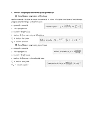 6. Annuités avec progression arithmétique et géométrique
6.1 Annuités avec progression arithmétique
Les formules de calcul de la valeur acquise et de la valeur à l’origine dans le cas d’annuités avec
progression arithmétique sont comme suit :
𝑎 ∶ 𝑝𝑟𝑒𝑚𝑖è𝑟𝑒 𝑎𝑛𝑛𝑢𝑖𝑡é
𝑖 ∶ 𝑡𝑎𝑢𝑥 𝑝𝑎𝑟 𝑝é𝑟𝑖𝑜𝑑𝑒
𝑛 ∶ 𝑛𝑜𝑚𝑏𝑟𝑒 𝑑𝑒 𝑝é𝑟𝑖𝑜𝑑𝑒𝑠
𝑟 ∶ 𝑟𝑎𝑖𝑠𝑜𝑛 𝑑𝑒 𝑙𝑎 𝑝𝑟𝑜𝑔𝑟𝑒𝑠𝑠𝑖𝑜𝑛 𝑎𝑟𝑖𝑡ℎ𝑚é𝑡𝑖𝑞𝑢𝑒
𝑉
𝑜 = 𝑉𝑎𝑙𝑒𝑢𝑟 𝑑’𝑜𝑟𝑖𝑔𝑖𝑛𝑒
𝑉
𝑛 = 𝑣𝑎𝑙𝑒𝑢𝑟 𝑎𝑐𝑞𝑢𝑖𝑠𝑒
6.2 Annuités avec progression géométrique
𝑎 ∶ 𝑝𝑟𝑒𝑚𝑖è𝑟𝑒 𝑎𝑛𝑛𝑢𝑖𝑡é
𝑖 ∶ 𝑡𝑎𝑢𝑥 𝑝𝑎𝑟 𝑝é𝑟𝑖𝑜𝑑𝑒
𝑛 ∶ 𝑛𝑜𝑚𝑏𝑟𝑒 𝑑𝑒 𝑝é𝑟𝑖𝑜𝑑𝑒𝑠
𝑞 ∶ 𝑟𝑎𝑖𝑠𝑜𝑛 𝑑𝑒 𝑙𝑎 𝑝𝑟𝑜𝑔𝑟𝑒𝑠𝑠𝑖𝑜𝑛 𝑔é𝑜𝑚é𝑡𝑟𝑖𝑞𝑢𝑒
𝑉
𝑜 = 𝑉𝑎𝑙𝑒𝑢𝑟 𝑑’𝑜𝑟𝑖𝑔𝑖𝑛𝑒
𝑉 𝑛 = 𝑣𝑎𝑙𝑒𝑢𝑟 𝑎𝑐𝑞𝑢𝑖𝑠𝑒
𝑉𝑎𝑙𝑒𝑢𝑟 𝑎𝑐𝑞𝑢𝑖𝑠𝑒 ∶ : 𝑉
𝑛 =
(1+𝑖)𝑛− 1
𝑖
( 𝑎 +
𝑟
𝑖
) −
𝑛𝑟
𝑖
𝑉𝑎𝑙𝑒𝑢𝑟 𝑎𝑐𝑡𝑢𝑒𝑙𝑙𝑒 ∶ : 𝑉0 =
(1+𝑖)−𝑛− 1
𝑖
( 𝑎 +
𝑟
𝑖
+ 𝑛𝑟) −
𝑛𝑟
𝑖
𝑉𝑎𝑙𝑒𝑢𝑟 𝑎𝑐𝑞𝑢𝑖𝑠𝑒 ∶ : 𝑉
𝑛 = 𝑎
(1+𝑖)𝑛− 𝑞𝑛
1 + 𝑖 − 𝑞
𝑉𝑎𝑙𝑒𝑢𝑟 𝑎𝑐𝑡𝑢𝑒𝑙𝑙𝑒 ∶ 𝑉0 = 𝑎
(1+𝑖)𝑛− 𝑞𝑛
1 + 𝑖 − 𝑞
( 1 + 𝑗 ) −𝑛
 