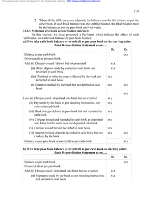110 
2. When all the differences are adjusted, the balance must be the balance as per the 
other book. If cash book balance was the starting balance, the final balance must 
be the balance as per the pass book and vice versa. 
12.6.1 Performa of a bank reconciliation statement 
In this section, we have presented a Performa which indicate the effect of each 
‘difference’ on cash book balance or pass book balance. 
a) If we take cash book balance or overdraft as per pass book as the starting point: 
Bank Reconciliation Statement as on….. 
Rs. Rs. 
Balance as per cash book 
Or overdraft as per pass book 
xxx 
Add: (i) Cheques issued / drawn but not presented xxx 
(ii) Direct deposit made by customers into bank not 
recorded in cash book 
xxx 
(iii) Dividend or other incomes collected by the bank not 
recorded in cash book 
xxx 
(iv) Interest credited by the bank but not debited in cash 
book 
xxx xxx 
xxx 
Less: (i) Cheques paid / deposited into bank but not credited xxx 
(ii) Payments by the bank as per standing instruction, not 
entered in cash book 
xxx 
(iii) Bank charges debited in pass book but not recorded in 
cash book 
xxx 
(iv) Cheques issued and recorded in cash book as deposited 
into bank but the same was not deposited into bank 
xxx 
(v) Cheques issued but not recorded in cash book xxx 
(vi) interest on bank deposits recorded in cash book but not 
credited by the bank 
xxx xxx 
Balance as per pass book or overdraft as per cash book xxx 
b) If we take pass book balance or overdraft as per cash book as starting point: 
Bank Reconciliation Statement as on….. 
Rs. Rs. 
Balance as per cash book 
Or overdraft as per pass book 
xxx 
Add: (i) Cheques paid / deposited into bank but not credited xxx 
(ii) Payments made by the bank as per standing instruction, 
not entered in cash book 
xxx 
This watermark does not appear in the registered version - http://www.clicktoconvert.com 
 