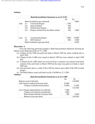 114 
This watermark does not appear in the registered version - http://www.clicktoconvert.com 
Solution 
Bank Reconciliation Statement as on 31-12-93 
Rs. Rs. 
Bank Overdraft as per cash book 9,000 
Add: (i) Uncleared cheques 
(ii) Interest debited 
(iii) Dishonoured cheques 
(iv) Cheques omitted from the Bank column 
1,700 
500 
500 
300 
3,000 
Less: (i) Un presented cheques 
(ii) Bill Collected 
3,000 
800 
12,000 
3,800 
Bank Overdraft as per pass book 8,200 
Illustration -3 
From the following particulars prepare a Bank Reconciliation Statement showing the 
balance as per Bank pass book on 31.3.1989. 
(a) Cheques for Rs.7,900 was paid into bank in March 1989 but where credited only in 
April 1989. 
(b) Cheque for Rs.11,000 were issued in March 1989 but were cashed in April 1989 
only. 
(c) A cheque for Rs.1,000 which was received from a customer was entered in the bank 
column of the cash book in March 1989 but the same was paid in to bank in April 
1989 only. 
(d) The pass book shows a credit of Rs.2,500 for interest and a debit of Rs.500 for bank 
charges. 
(e) The bank balance as per cash book was Rs.1,80,000 on 31.3.1989. 
Solution: 
Bank Reconciliation Statement as on 31.3.1989 
Rs. Rs. 
Balance as per Cash book 1,80,000 
Add: Interest credited in the pass book 25,000 
Cheques issued but not presented 11,000 13,500 
1,93,500 
Less: Cheques deposited but not collected 7,900 
Cheques received but not deposited 1,000 
Bank charges debited in the pass book 500 9,400 
Balance as per pass book 1,84,100 
 