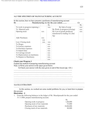 123 
This watermark does not appear in the registered version - http://www.clicktoconvert.com 
14.3 THE SPECIMEN OF MANUFACTURING ACCOUNT 
In this section, here we have presents a proforma of manufacturing account 
Dr Manufacturing A/c for the year ended…….. Cr 
Rs. Rs. 
To work-in-progress (opening ) xxx By Sale of scrap xxx 
To Material used By Work-in-progress (closing) xxx 
Opening stock xxx By Cost of goods produced 
transferred to trading A/c (bal. 
fig) 
xxx 
Add: Purchases xxx 
xxx 
Less: Closing stock xxx xxx 
To Wages xxx 
To Factory expenses xxx 
To Purchase expenses xxx 
To Import duty xxx 
To Carriage inward xxx 
To Depreciation on machinery xxx 
To Repairs to Machinery xxx 
xxx xxx 
Check your Progress 1 
Explain the method of preparing manufacturing account 
Note: a) Write your answer in the space given below. 
b) Check your answer with the ones given at end of this lesson (pp. 126 ) 
………………………………………………………………………………….. 
.............................................................................................................................. 
…………………………………………………………………………………. 
…………………………………………………………………………………… 
………………………………………………………………………………….. 
…………………………………………………………………………………… 
14.4 ILLUSTRATION 
In this section, we worked out some modal problems for you, to learn how to prepare 
this account. 
Illustration -1 
1. From the following balances in the ledger of Mr. Muraliprasath for the year ended 
31-3-2006, prepare manufacturing account. 
Rs. 
Opening work-in-progress 1,00,000 
Opening stock of raw materials 55,000 
Purchases of raw materials 10,00,000 
Closing stock of raw materials 40,000 
 