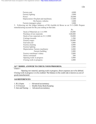 126 
This watermark does not appear in the registered version - http://www.clicktoconvert.com 
Factory rent 4,000 
Factory lighting 5,000 
Power 20,000 
Depreciation: On plant and machinery 15,000 
On Factory vehicles 5,000 
Factory managers salary 2,000 
5 . Following are the ledger balances of M/s karthik & Brose as on 31-3-2000. Prepare 
manufacturing account for the year ending on that date. 
Rs. 
Stock of Materials on 1-4-1999 20,000 
Purchase of raw materials 3,00,000 
Stock of raw materials on 31-3-2000 10,000 
Carriage inwards 1,500 
Factory wages 20,000 
Fuel and coal 5,000 
Factory cleaning 4,000 
Factory lighting 2,000 
Depreciation: Factory machinery 4,000 
Factory building 2,000 
Factory watchman’s salary 2,000 
Stores consumed 200 
Opening work-in-progress 5,000 
Closing work-in-progress 2,000 
14.7 MODEL ANSWER TO CHECK YOUR PROGRESS. 
Check 1 
Opening raw material, opening work in progress, direct expenses are to be debited. 
Closing work in progress is to be credited. The balance in the credit side is known as cost of 
goods manufactured. 
14.8 REFERENCES 
1. R.L.Gupta -- Advanced accountancy 
2. T.S Grewal -- Double Entry Book Keeping 
3. Jain and Narang -- Advanced accountancy 
 