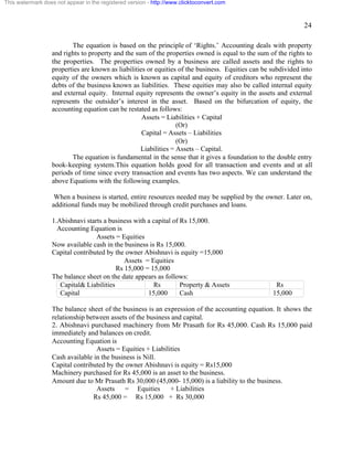 24 
This watermark does not appear in the registered version - http://www.clicktoconvert.com 
The equation is based on the principle of ‘Rights.’ Accounting deals with property 
and rights to property and the sum of the properties owned is equal to the sum of the rights to 
the properties. The properties owned by a business are called assets and the rights to 
properties are known as liabilities or equities of the business. Equities can be subdivided into 
equity of the owners which is known as capital and equity of creditors who represent the 
debts of the business known as liabilities. These equities may also be called internal equity 
and external equity. Internal equity represents the owner’s equity in the assets and external 
represents the outsider’s interest in the asset. Based on the bifurcation of equity, the 
accounting equation can be restated as follows: 
Assets = Liabilities + Capital 
(Or) 
Capital = Assets – Liabilities 
(Or) 
Liabilities = Assets – Capital. 
The equation is fundamental in the sense that it gives a foundation to the double entry 
book-keeping system.This equation holds good for all transaction and events and at all 
periods of time since every transaction and events has two aspects. We can understand the 
above Equations with the following examples. 
When a business is started, entire resources needed may be supplied by the owner. Later on, 
additional funds may be mobilized through credit purchases and loans. 
1.Abishnavi starts a business with a capital of Rs 15,000. 
Accounting Equation is 
Assets = Equities 
Now available cash in the business is Rs 15,000. 
Capital contributed by the owner Abishnavi is equity =15,000 
Assets = Equities 
Rs 15,000 = 15,000 
The balance sheet on the date appears as follows: 
Capital& Liabilities Rs Property & Assets Rs 
Capital 15,000 Cash 15,000 
The balance sheet of the business is an expression of the accounting equation. It shows the 
relationship between assets of the business and capital. 
2. Abishnavi purchased machinery from Mr Prasath for Rs 45,000. Cash Rs 15,000 paid 
immediately and balances on credit. 
Accounting Equation is 
Assets = Equities + Liabilities 
Cash available in the business is Nill. 
Capital contributed by the owner Abishnavi is equity = Rs15,000 
Machinery purchased for Rs 45,000 is an asset to the business. 
Amount due to Mr Prasath Rs 30,000 (45,000- 15,000) is a liability to the business. 
Assets = Equities + Liabilities 
Rs 45,000 = Rs 15,000 + Rs 30,000 
 