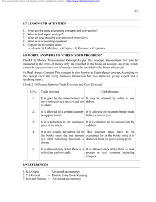 52 
This watermark does not appear in the registered version - http://www.clicktoconvert.com 
6.7 LESSON-END ACTIVITIES 
1. What are the basic accounting concepts and convections? 
2. What is dual aspect concept? 
3. What do your stand by convention of materiality? 
4. What is an accounting equation? 
5. Explain the following terms 
a) Assets b) Liabilities c) Capital d) Revenue e) Expenses 
6.8 MODEL ANSWERS TO “CHECK YOUR PROGRESS” 
Check1 i) Money Measurement Concept:As per this concept, transactions that can be 
measured in the terms of money only are recorded in the books of account. An event which 
cannot be expressed in terms of money cannot be recorded in the books of account. 
ii) Dual Aspect Concept:This concept is also known as Equivalence concept.According to 
this conept each and every business transaction has two aspects-a giving aspect and a 
receiving aspect. 
Check 2 Difference between Trade Discount and Cash Discount 
S.No. Trade discount Cash discount 
1. It is give by the manufacturer or 
the wholesaler to a retailer and not 
to others. 
It may be allowed by seller to any 
debtor. 
2. It is allowed on a certain quantity 
being purchased. 
It is allowed on payment being made 
before a certain date. 
3. It is a reduction in the catalogue 
price of an article. 
It is a reduction in the amount due by 
a debtor. 
4. It is not usually accounted for in 
the books since the net amount 
(i.e. after deducting discount) is 
shown. 
This discount must have to be 
accounted for in the books since it is 
deducted from the gross selling price. 
5. It is allowed only when there is a 
sale either cash or credit. 
It is allowed only when there is cash 
receipt or cash payment including 
cheques. 
6.9 REFERENCES 
1. R.L.Gupta -- Advanced accountancy 
2. T.S Grewal -- Double Entry Book Keeping 
3. Jain and Narang -- Advanced accountancy 
 